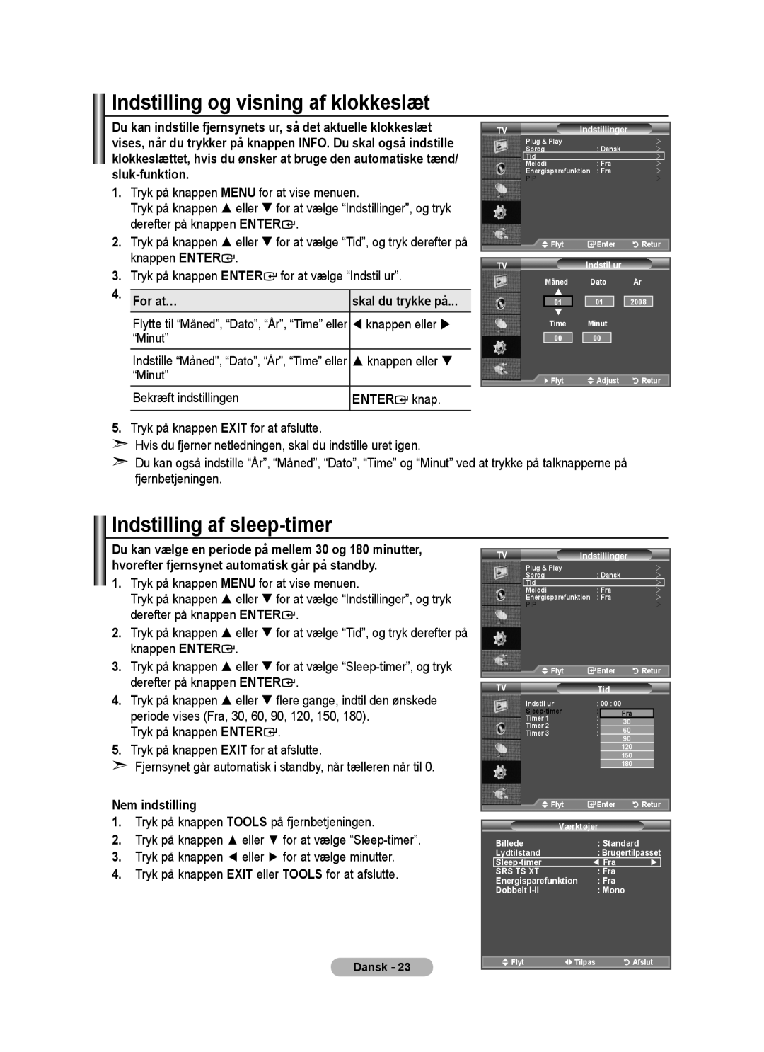 Samsung BN68-01518H-00 Indstilling og visning af klokkeslæt, Indstilling af sleep-timer, For at…, Bekræft indstillingen 