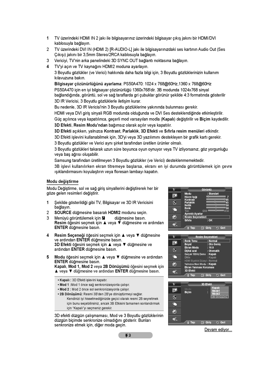 Samsung BN68-01528B-02 user manual Modu değiştirme, Kapalı, Mod 1, Mod 2 veya 2B Dönüşümü öğesini seçmek için 