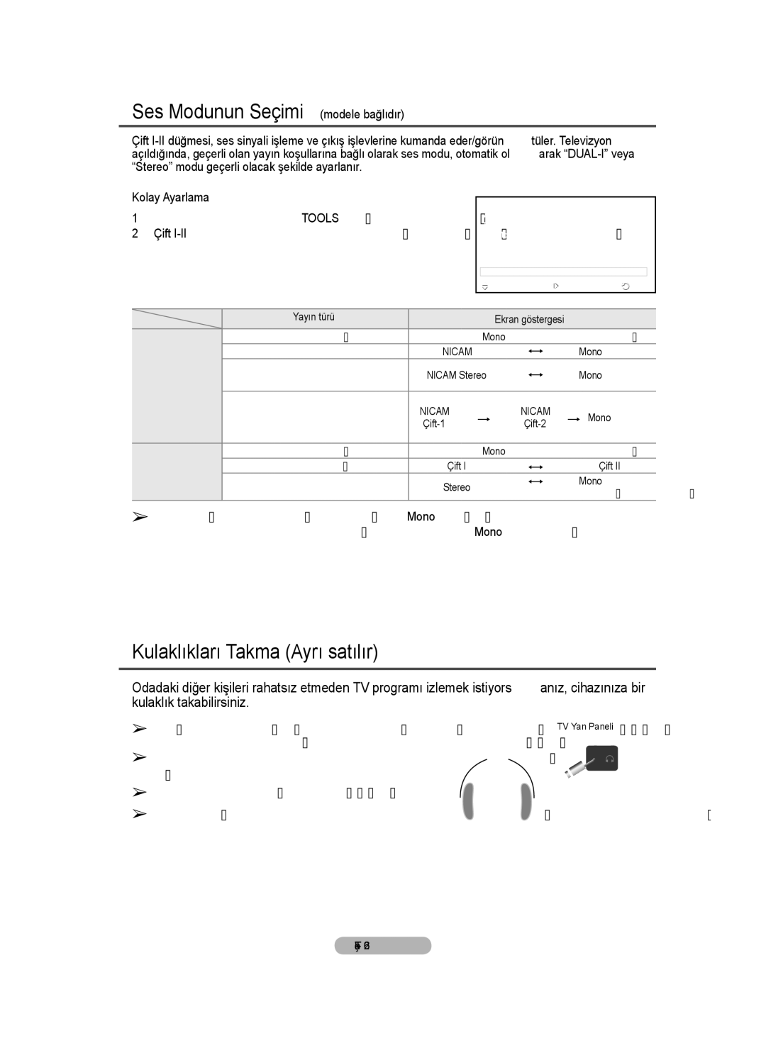 Samsung BN68-01528B-02 user manual Kulaklıkları Takma Ayrı satılır, Ses Modunun Seçimi modele bağlıdır 