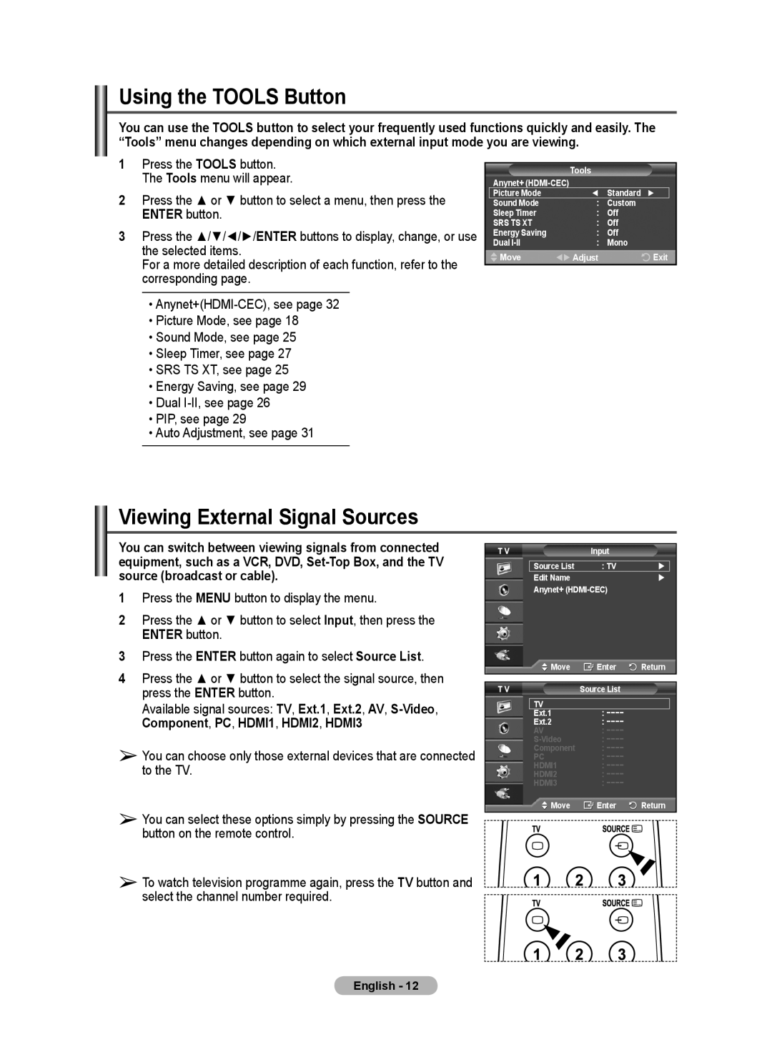 Samsung BN68-01528B-02 user manual Using the Tools Button, Viewing External Signal Sources 