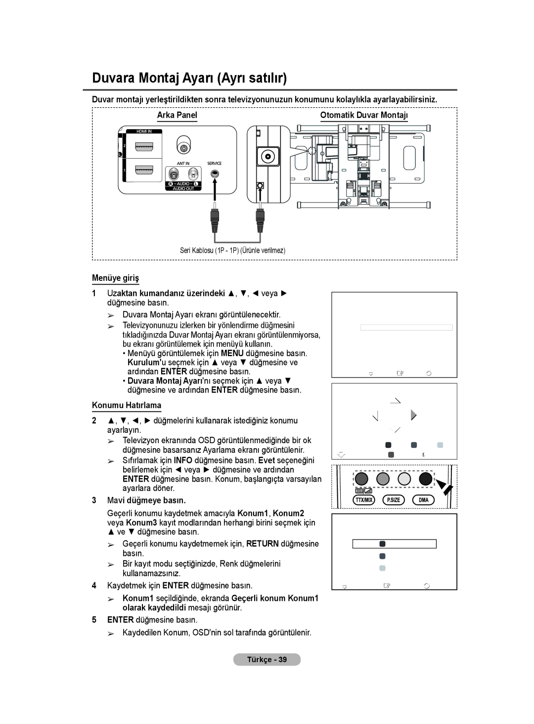 Samsung BN68-01528B-02 user manual Duvara Montaj Ayarı Ayrı satılır, Arka Panel, Konumu Hatırlama, Mavi düğmeye basın 