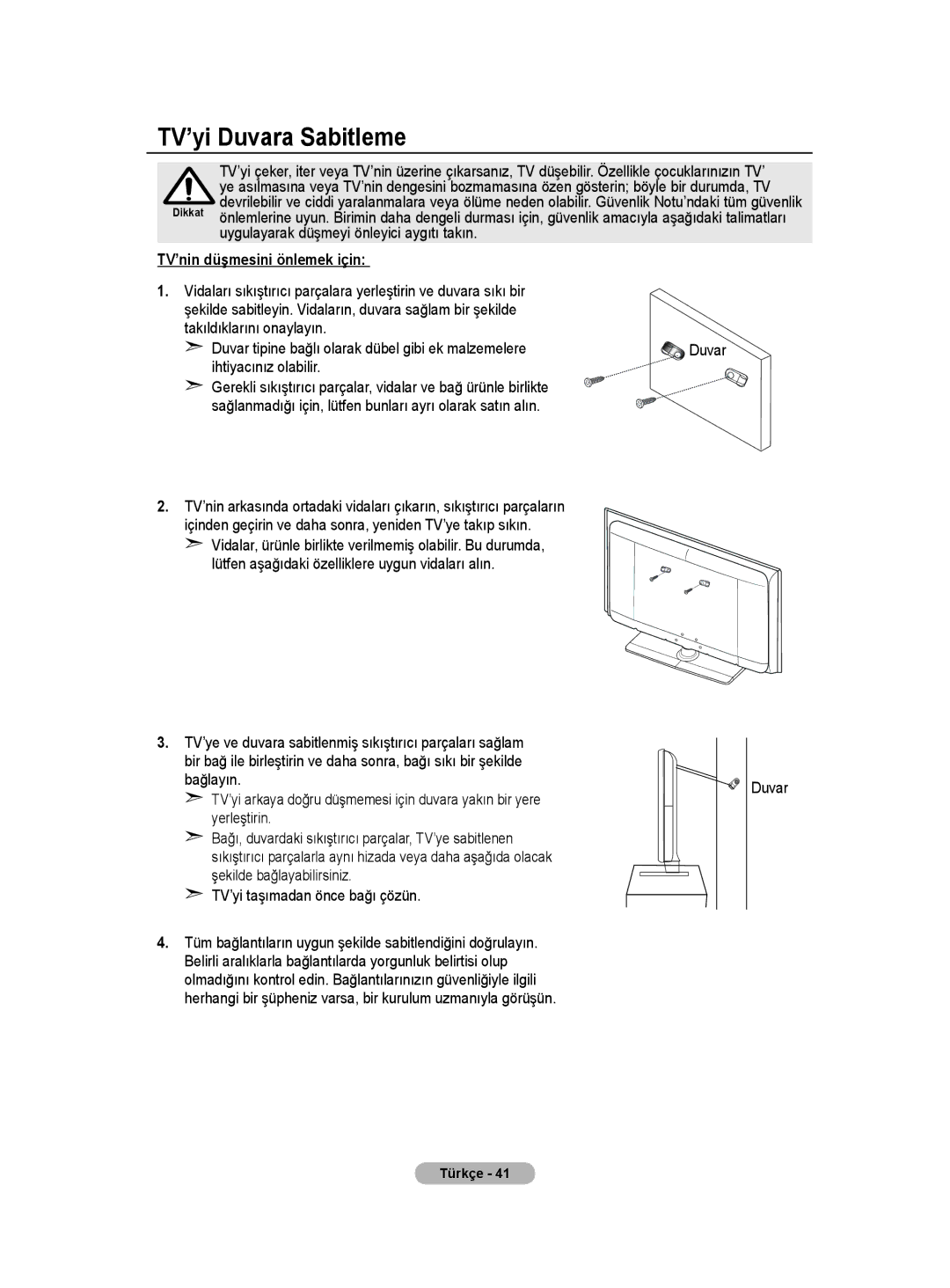 Samsung BN68-01528B-02 user manual TV’yi Duvara Sabitleme, TV’nin düşmesini önlemek için, Ihtiyacınız olabilir 