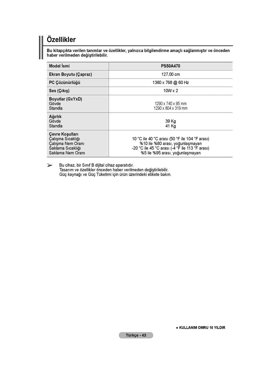 Samsung BN68-01528B-02 user manual Özellikler 