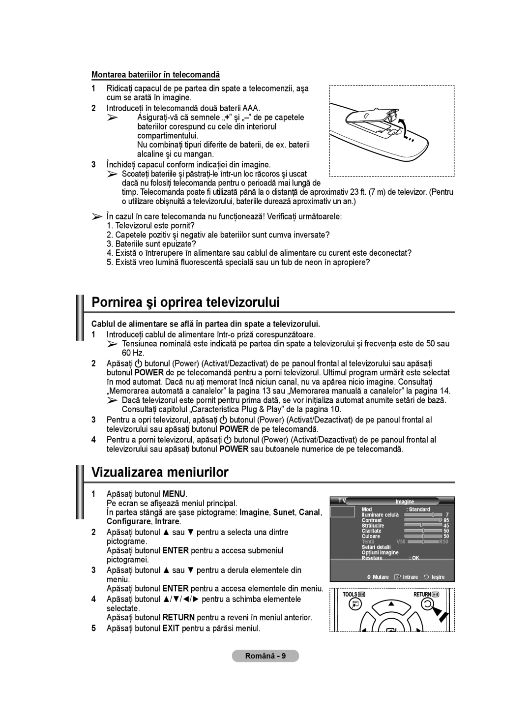 Samsung BN68-01528B-02 Pornirea şi oprirea televizorului, Vizualizarea meniurilor, Montarea bateriilor în telecomandă 