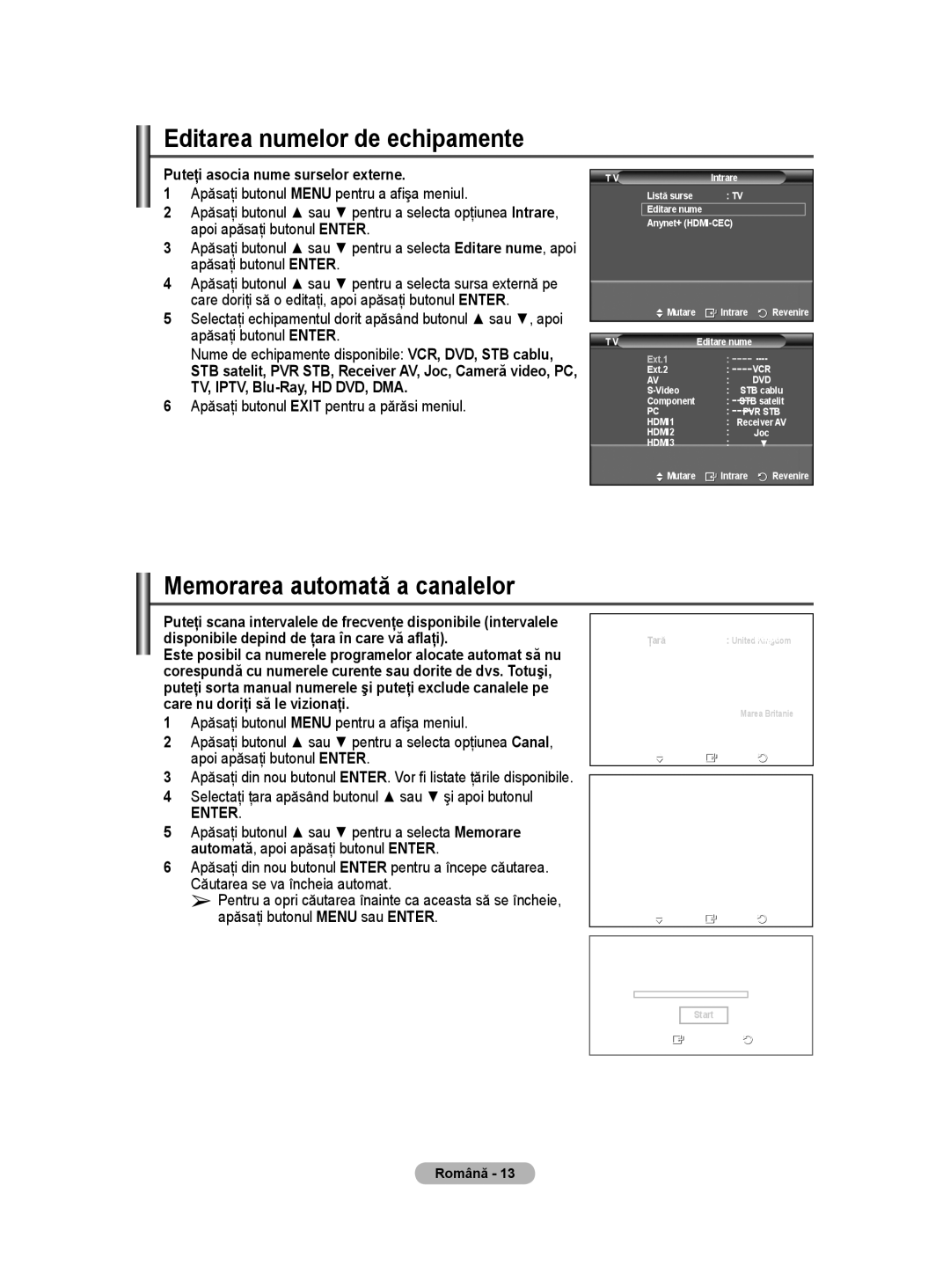 Samsung BN68-01528B-02 user manual Editarea numelor de echipamente, Memorarea automată a canalelor 