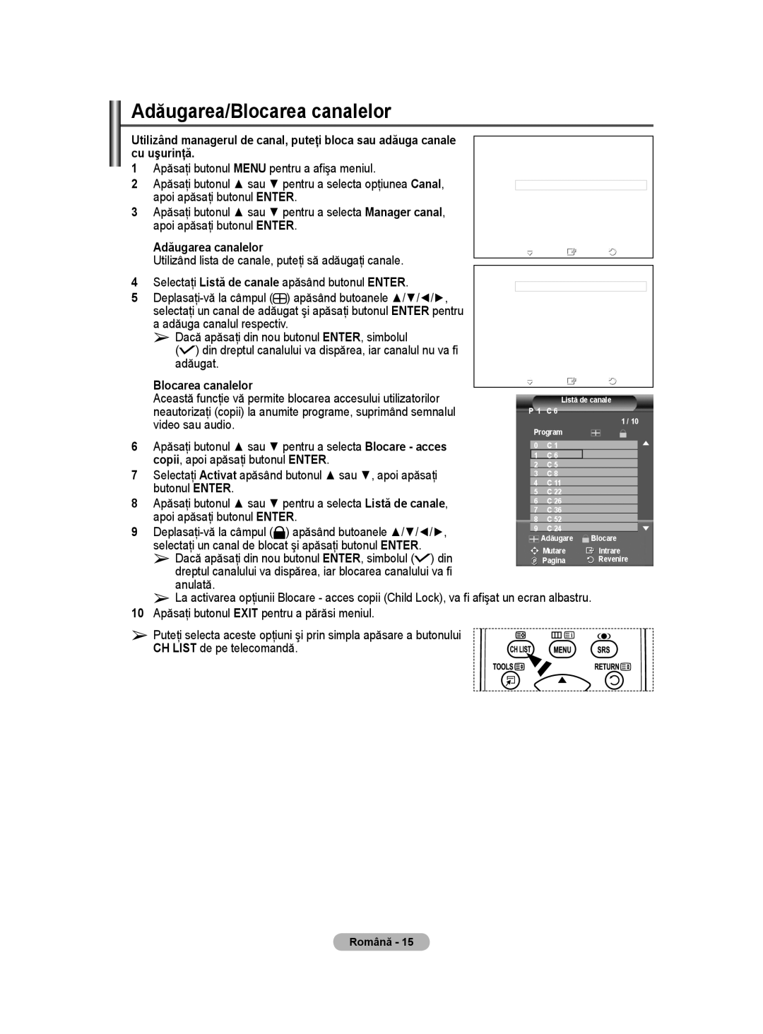 Samsung BN68-01528B-02 user manual Adăugarea/Blocarea canalelor,  Adăugarea canalelor,  Blocarea canalelor 