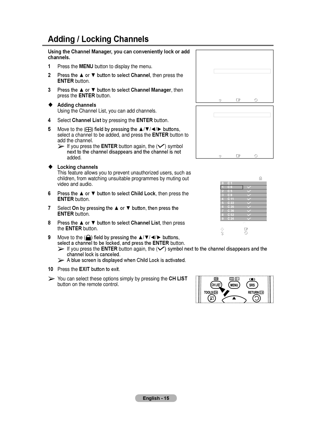 Samsung BN68-01528B-02 user manual Adding / Locking Channels 