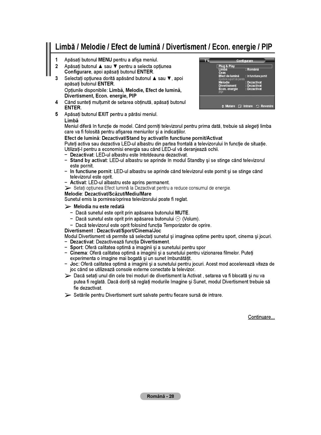 Samsung BN68-01528B-02 user manual Configurare, apoi apăsaţi butonul Enter,  Limbă, Melodia nu este redată 