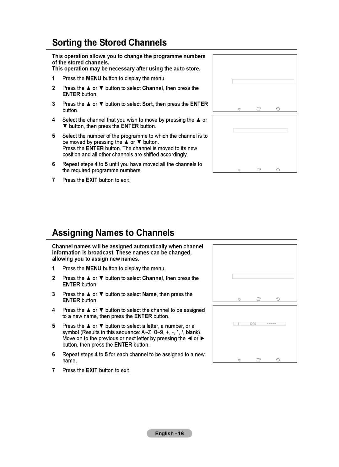 Samsung BN68-01528B-02 user manual Sorting the Stored Channels, Assigning Names to Channels 