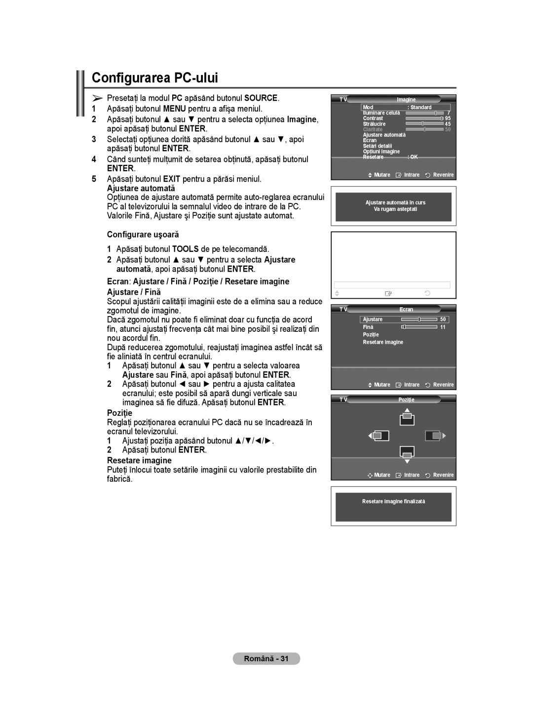 Samsung BN68-01528B-02 Configurarea PC-ului,  Ajustare automată,  Ecran Ajustare / Fină / Poziţie / Resetare imagine 