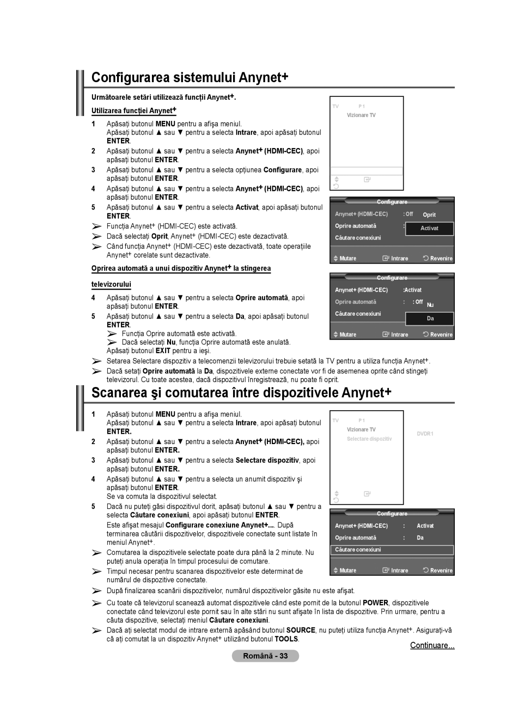 Samsung BN68-01528B-02 Configurarea sistemului Anynet+, Scanarea şi comutarea între dispozitivele Anynet+, Televizorului 