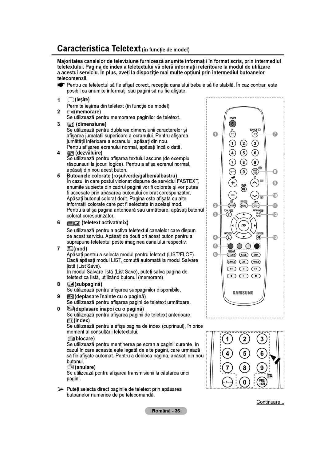 Samsung BN68-01528B-02 user manual Caracteristica Teletext în funcţie de model 