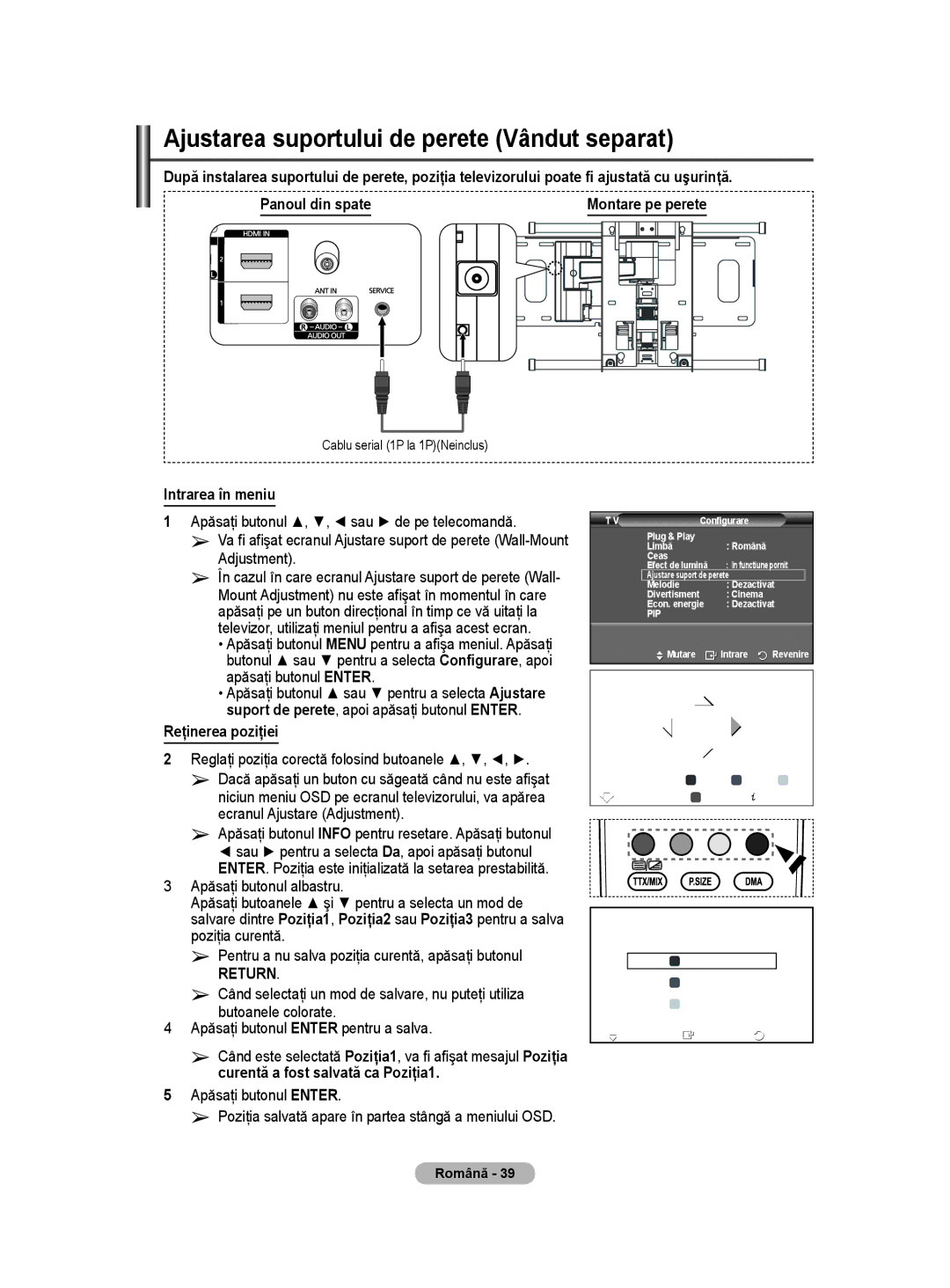 Samsung BN68-01528B-02 user manual Ajustarea suportului de perete Vândut separat, Intrarea în meniu, Reţinerea poziţiei 