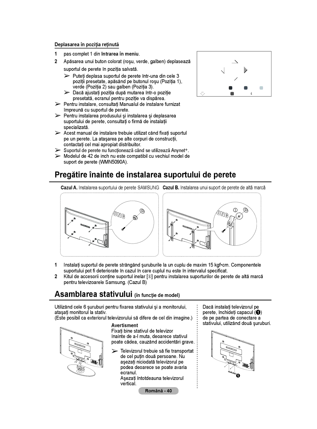 Samsung BN68-01528B-02 Pregătire înainte de instalarea suportului de perete, Asamblarea stativului în funcţie de model 