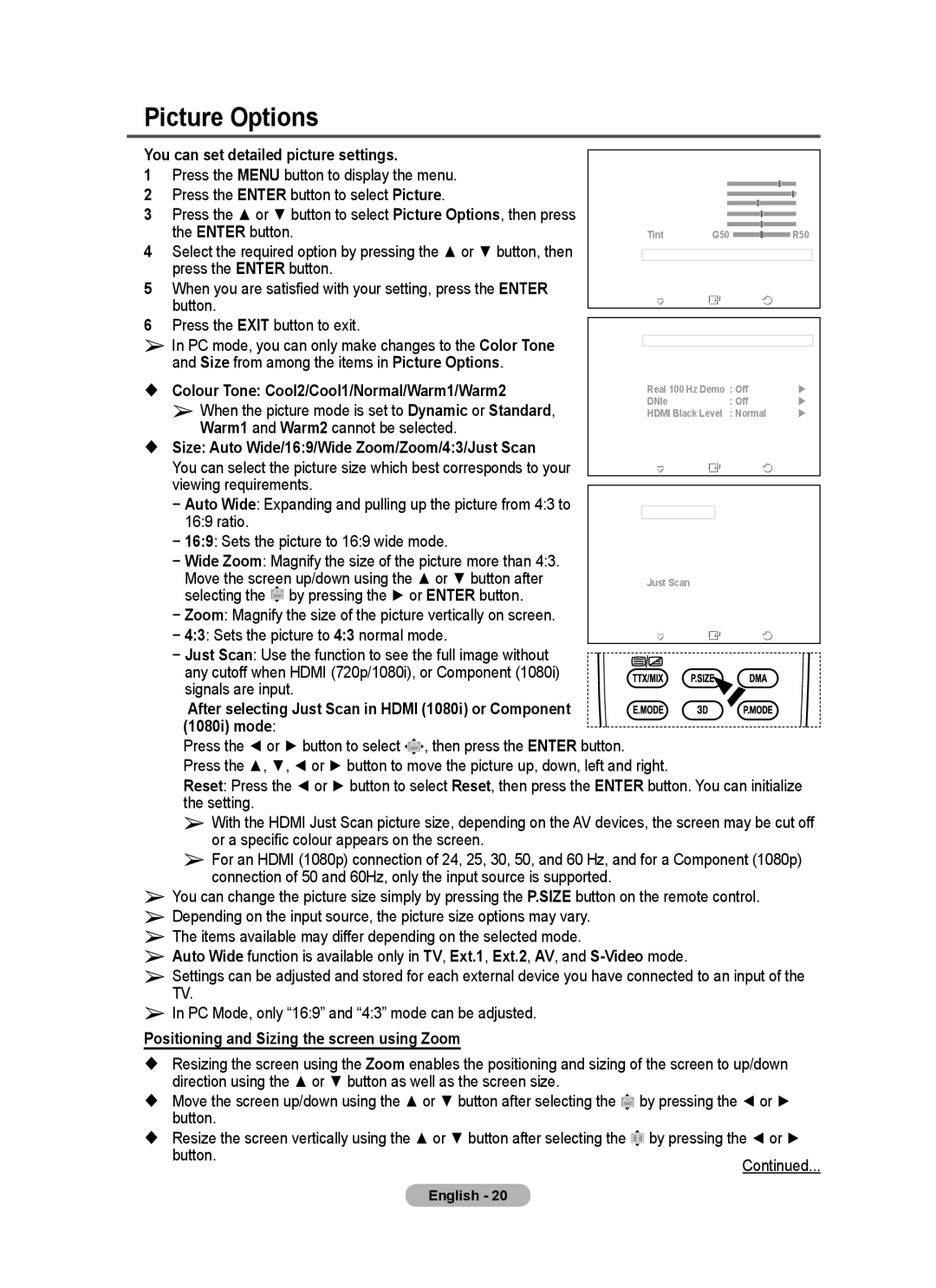 Samsung BN68-01528B-02 user manual Picture Options 