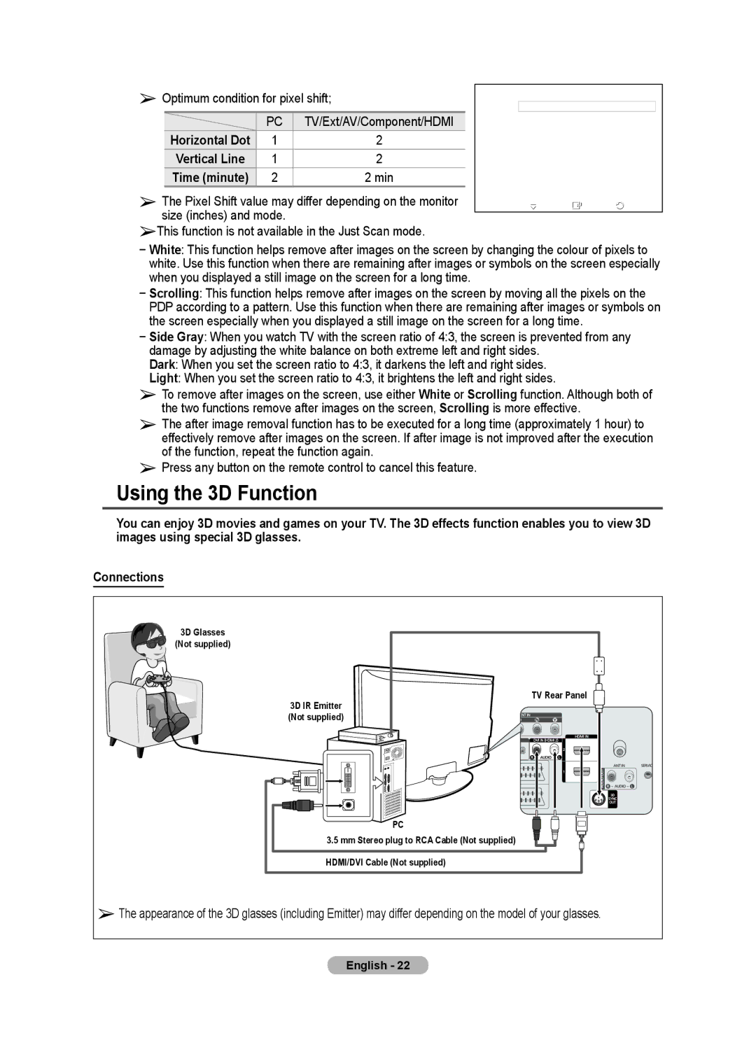 Samsung BN68-01528B-02 user manual Using the D Function, Optimum condition for pixel shift, Time minute, English  