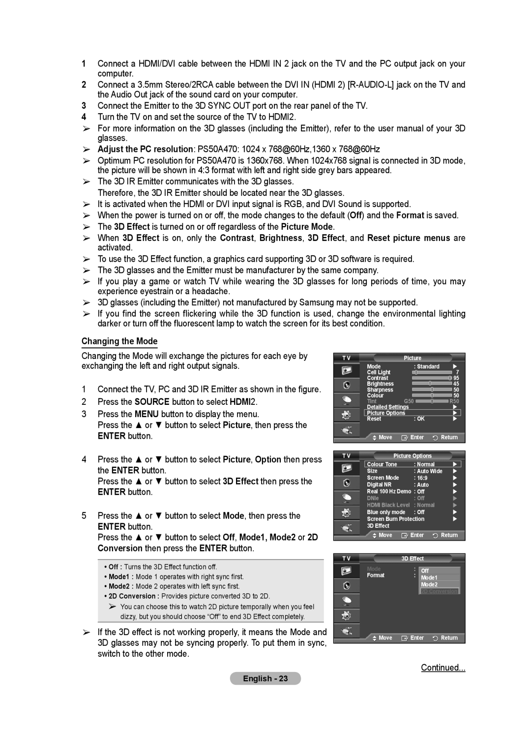 Samsung BN68-01528B-02 user manual Changing the Mode, Connect the TV, PC and 3D IR Emitter as shown in the figure 