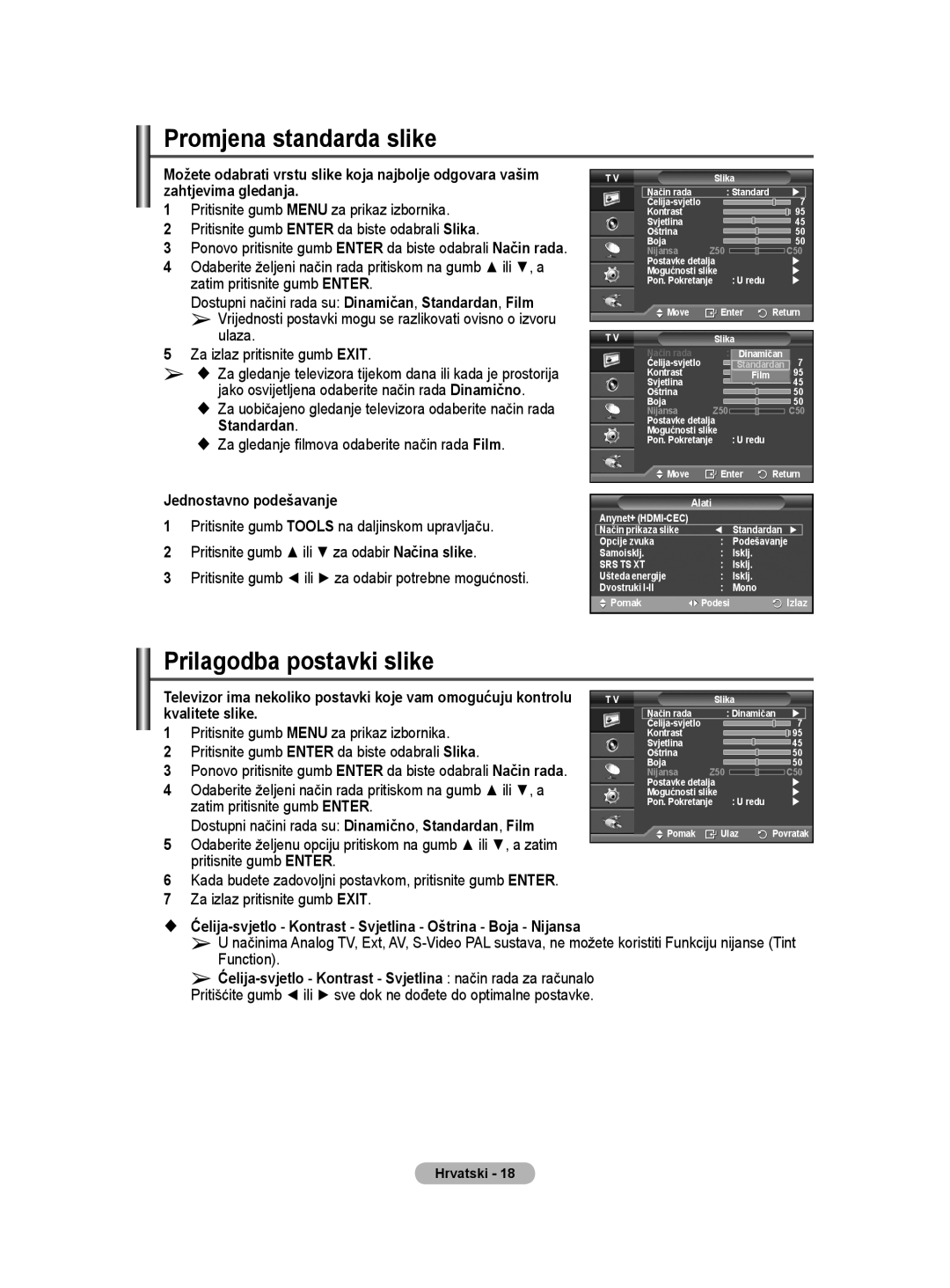 Samsung BN68-01528B-02 user manual Promjena standarda slike, Prilagodba postavki slike, Standardan, Jednostavno podešavanje 