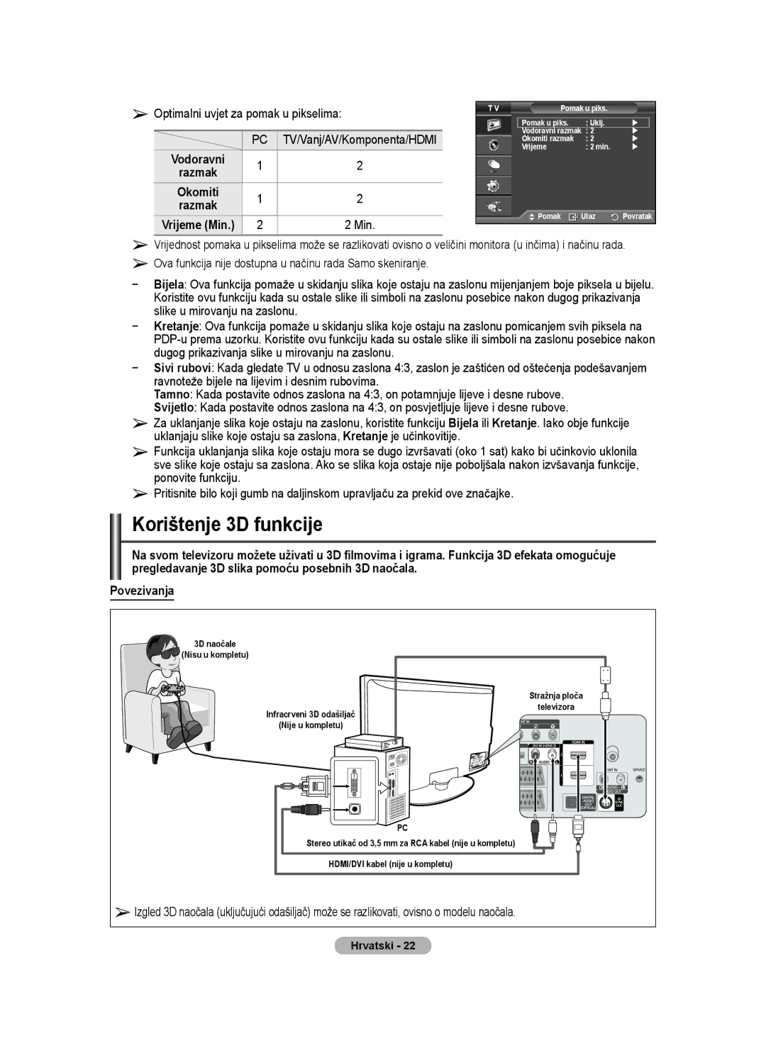 Samsung BN68-01528B-02 user manual Korištenje 3D funkcije, Optimalni uvjet za pomak u pikselima, Hrvatski  