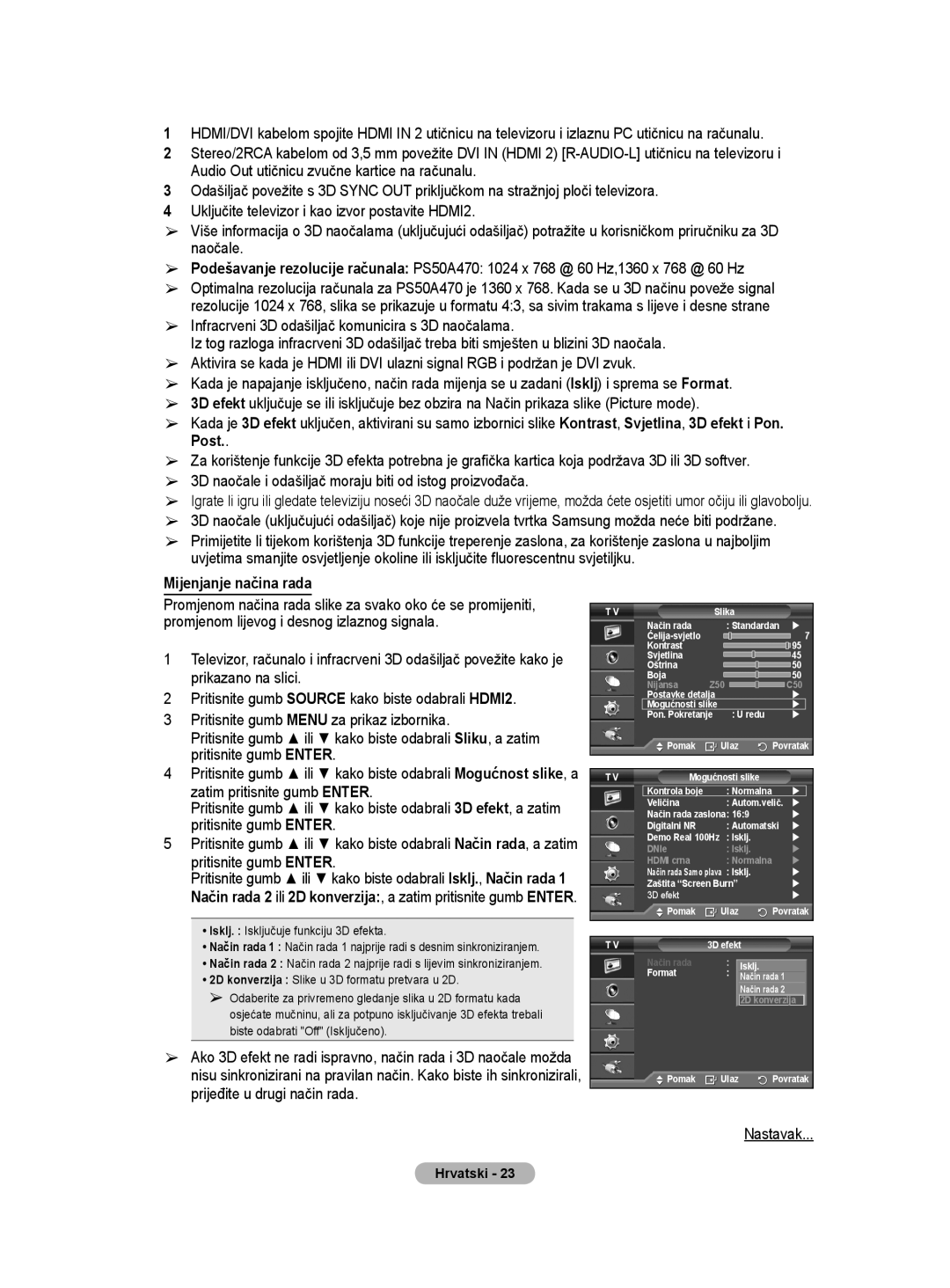 Samsung BN68-01528B-02 user manual Mijenjanje načina rada, Isklj. Isključuje funkciju 3D efekta 