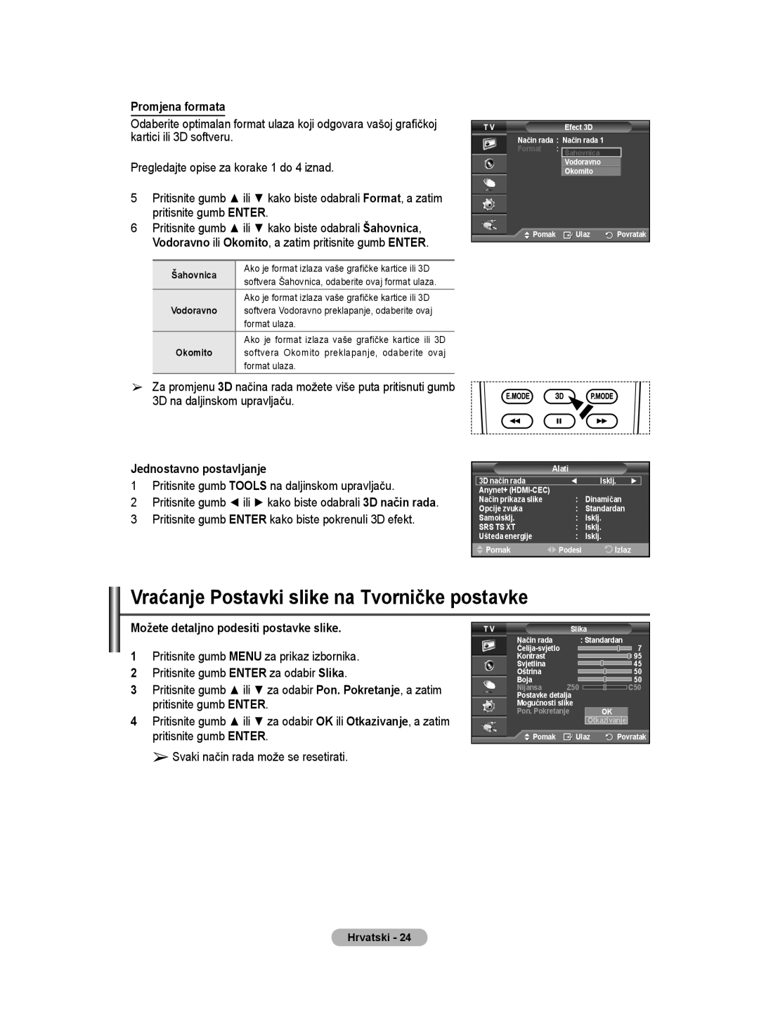 Samsung BN68-01528B-02 Vraćanje Postavki slike na Tvorničke postavke, Promjena formata, Jednostavno postavljanje 