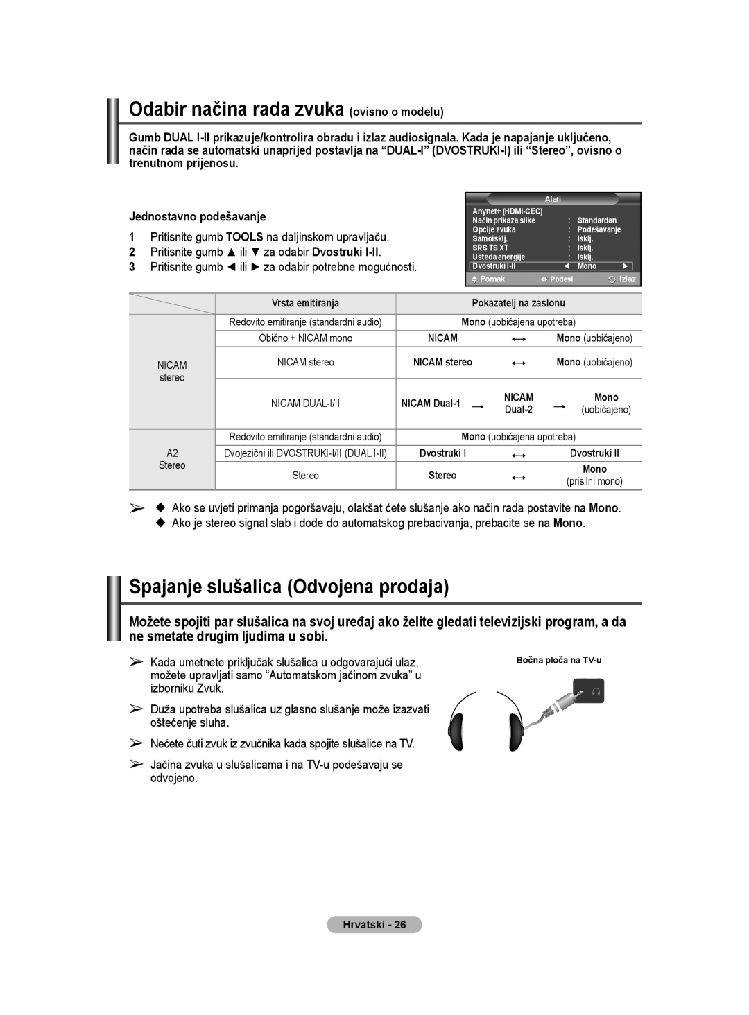 Samsung BN68-01528B-02 user manual Odabir načina rada zvuka ovisno o modelu, Spajanje slušalica Odvojena prodaja 