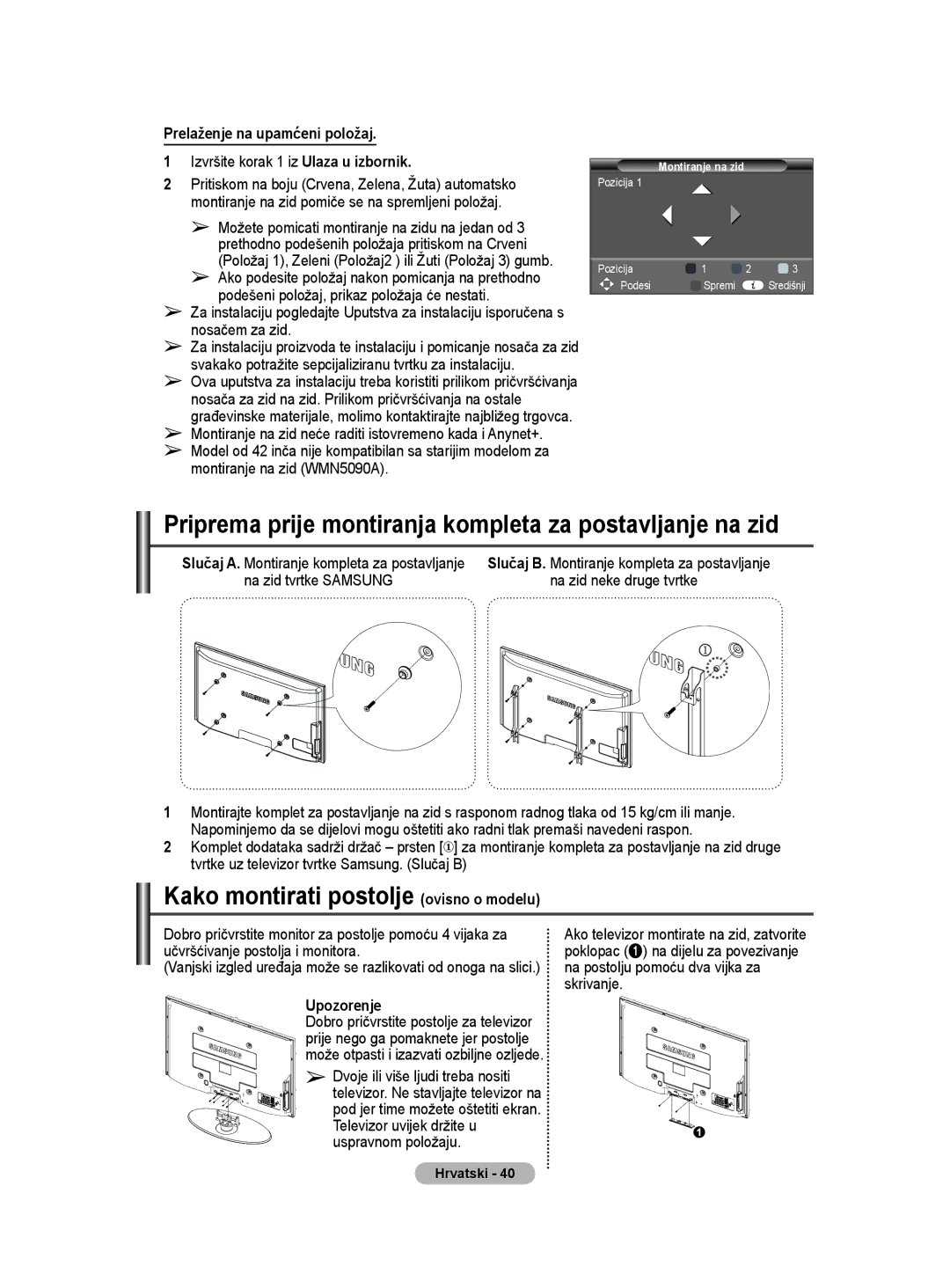 Samsung BN68-01528B-02 Priprema prije montiranja kompleta za postavljanje na zid, Kako montirati postolje ovisno o modelu 