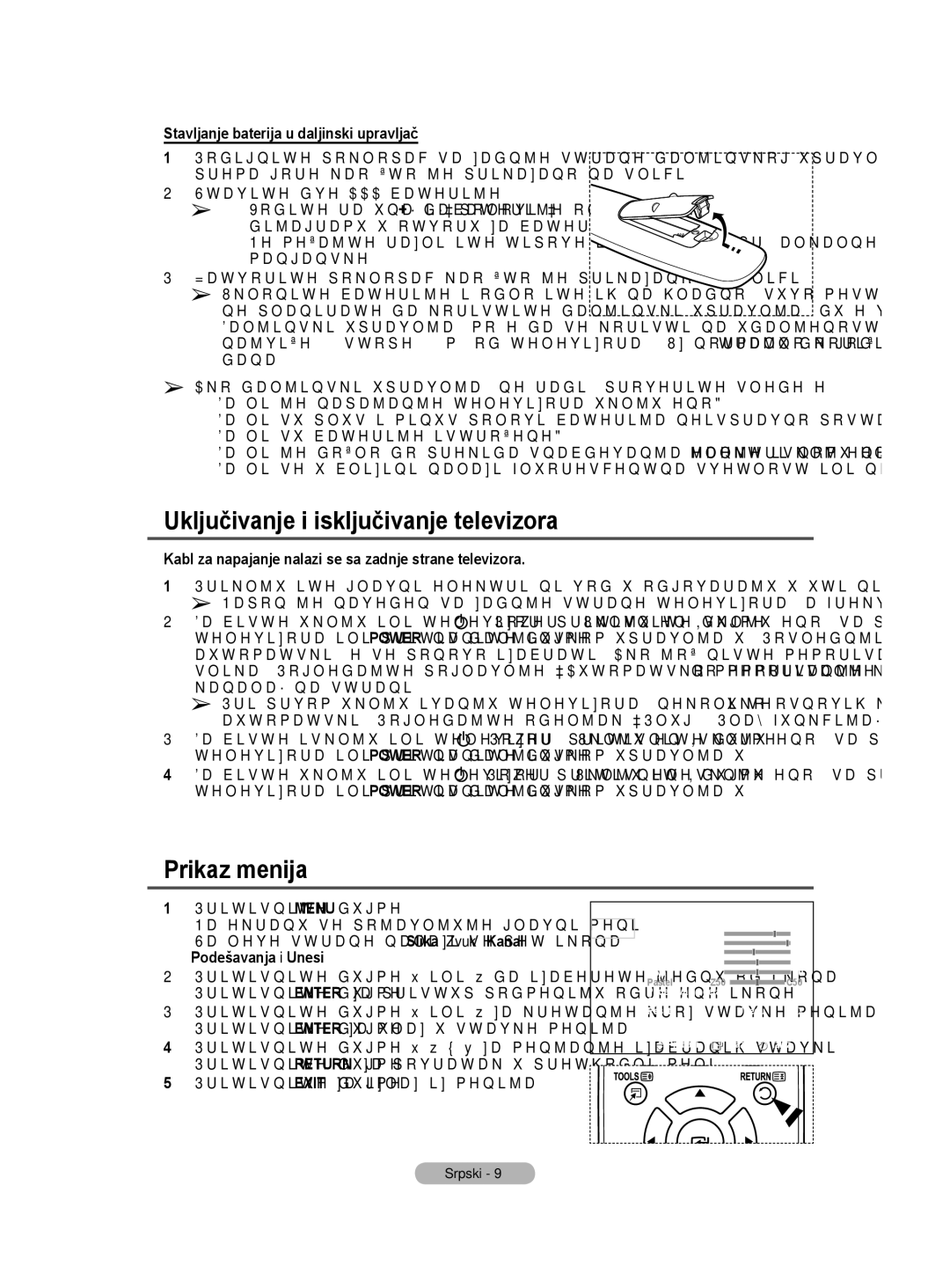 Samsung BN68-01528B-02 user manual Prikaz menija, Stavljanje baterija u daljinski upravljač 