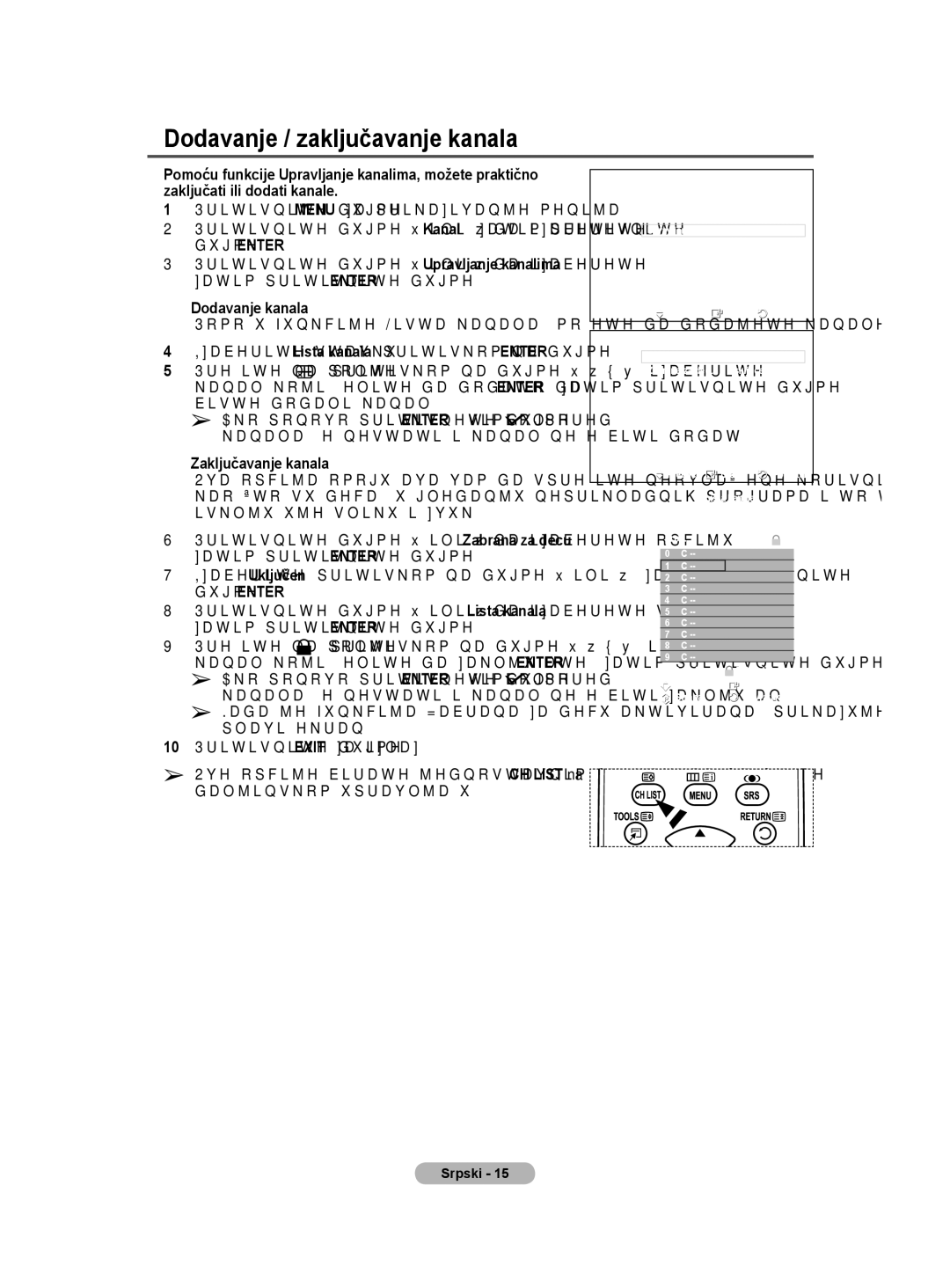 Samsung BN68-01528B-02 user manual Dodavanje / zaključavanje kanala,  Dodavanje kanala,  Zaključavanje kanala 