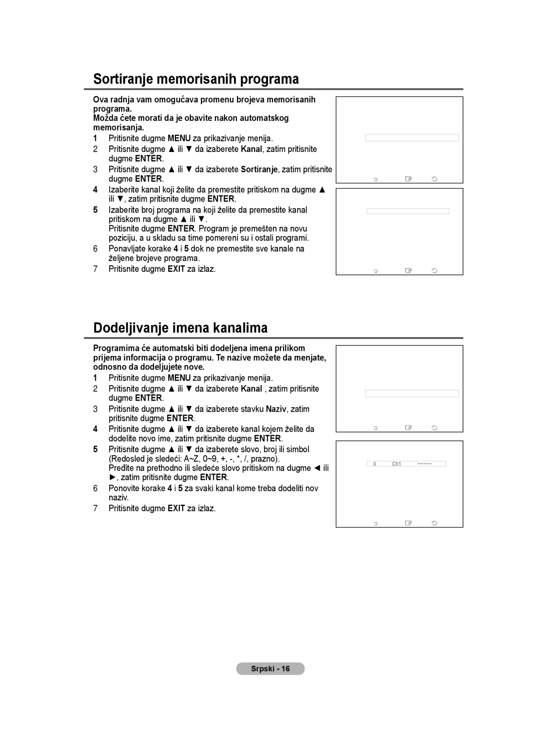 Samsung BN68-01528B-02 user manual Sortiranje memorisanih programa, Dodeljivanje imena kanalima 