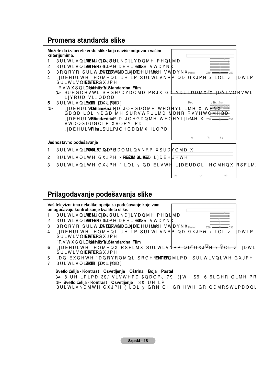 Samsung BN68-01528B-02 user manual Promena standarda slike, Prilagođavanje podešavanja slike 