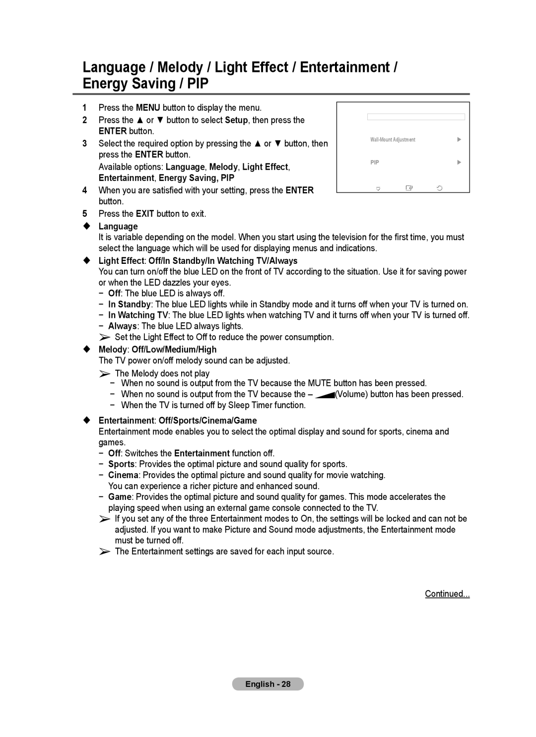 Samsung BN68-01528B-02 Press the or button to select Setup, then press, Available options Language , Melody , Light Effect 