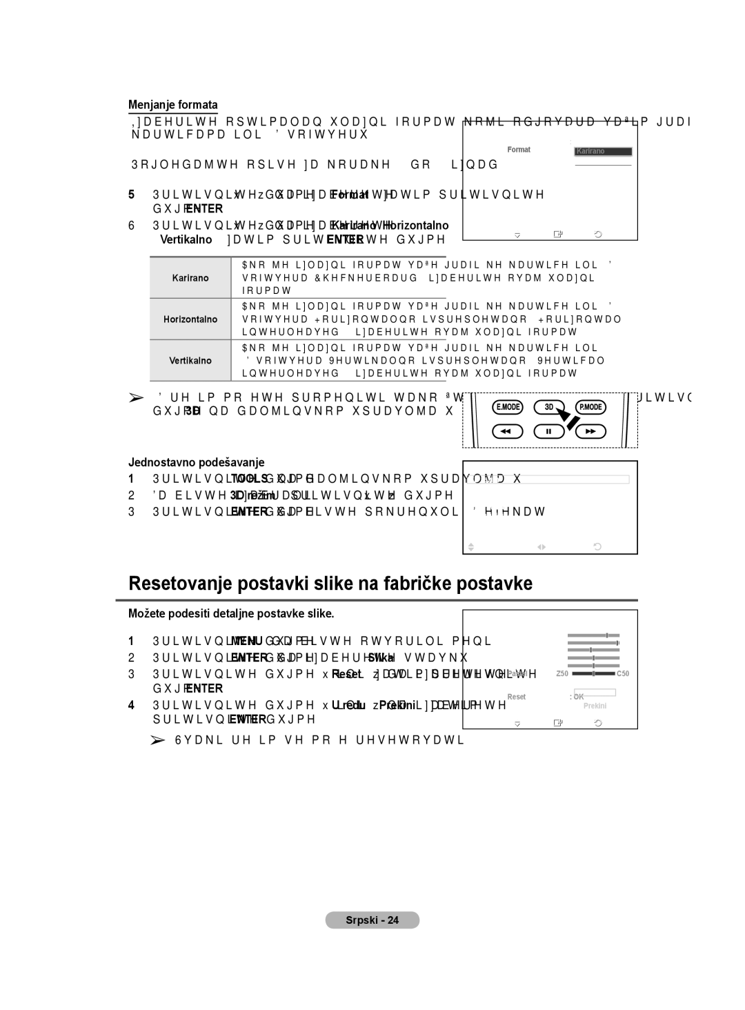 Samsung BN68-01528B-02 user manual Resetovanje postavki slike na fabričke postavke, Menjanje formata, Karirano 