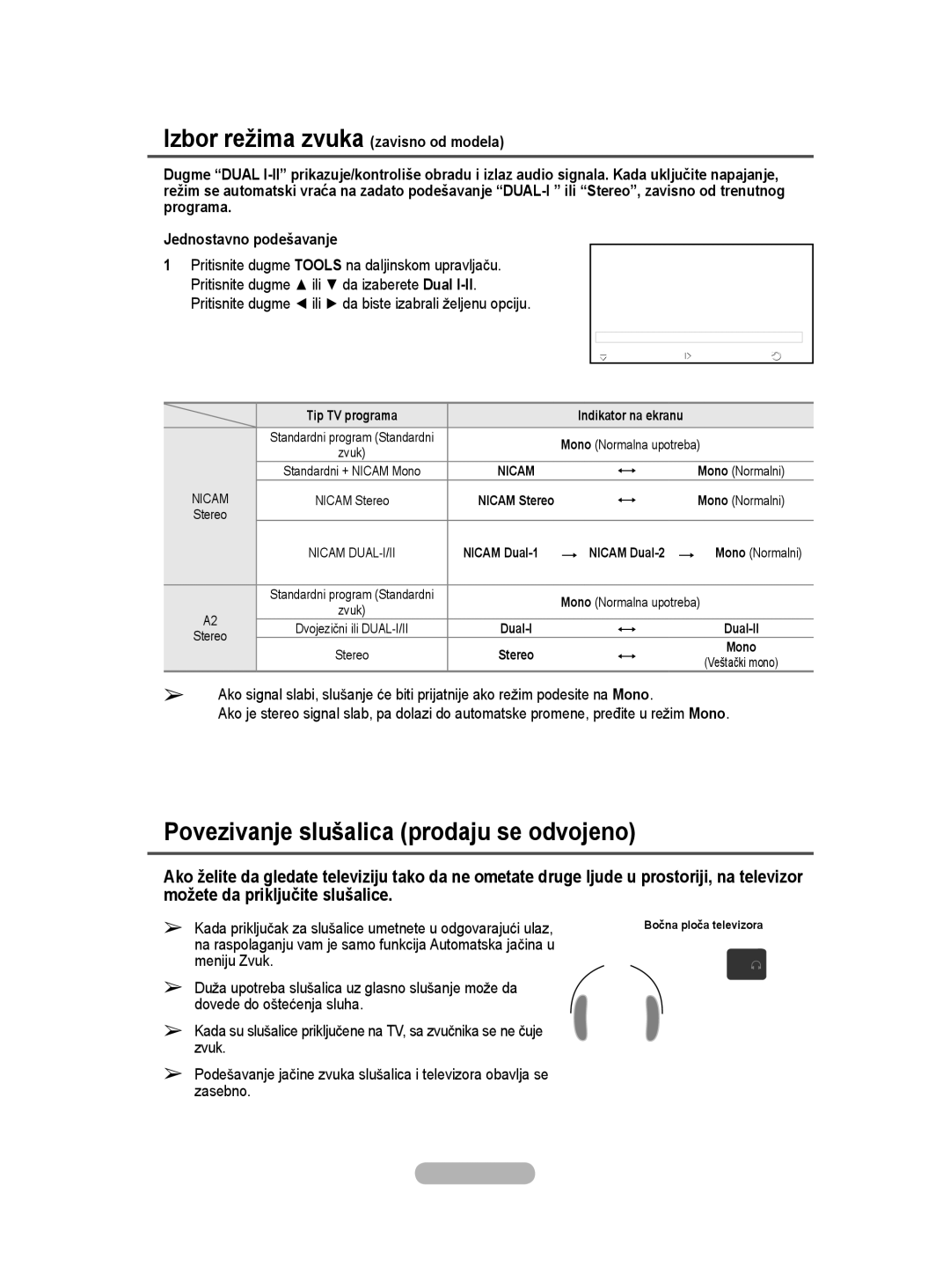 Samsung BN68-01528B-02 user manual Izbor režima zvuka zavisno od modela, Povezivanje slušalica prodaju se odvojeno 