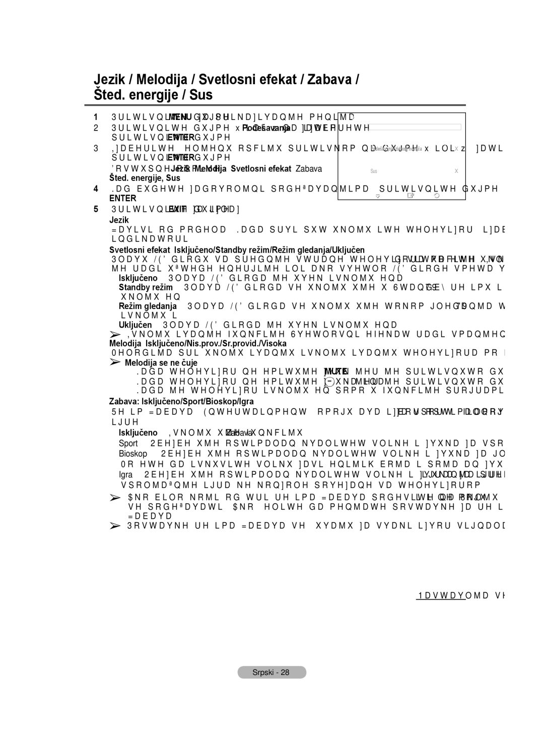 Samsung BN68-01528B-02 user manual Šted. energije, Sus, Melodija se ne čuje,  Zabava Isključeno/Sport/Bioskop/Igra 