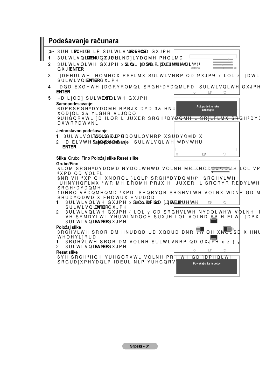 Samsung BN68-01528B-02 user manual Podešavanje računara,  Samopodesavanje,  Slika Grubo/Fino/Položaj slike/Reset slike 