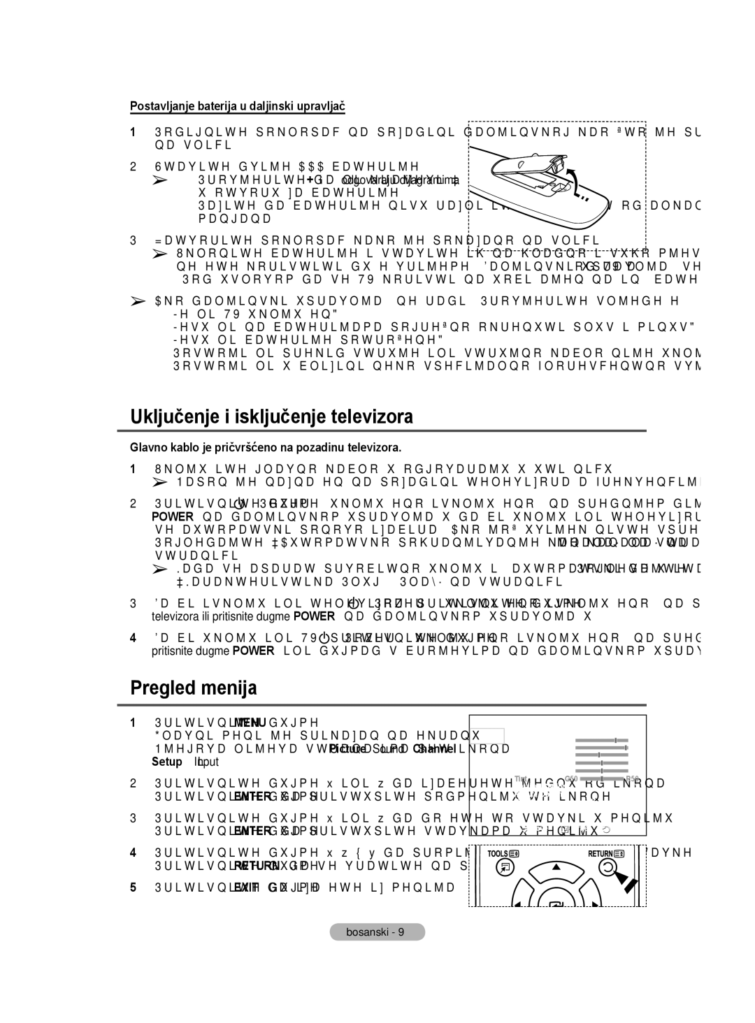 Samsung BN68-01528B-02 Uključenje i isključenje televizora, Pregled menija, Postavljanje baterija u daljinski upravljač 