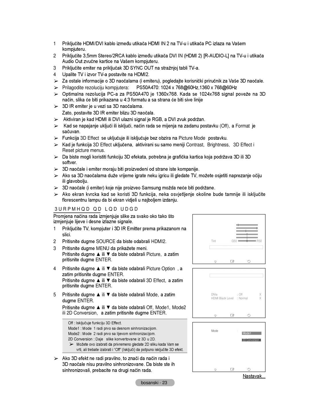 Samsung BN68-01528B-02 user manual Promjena načina rada, Nastavak 