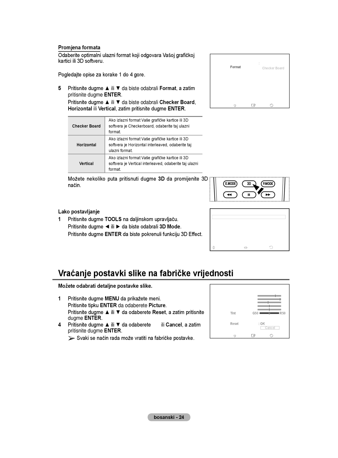 Samsung BN68-01528B-02 user manual Vraćanje postavki slike na fabričke vrijednosti, Ulazni format 