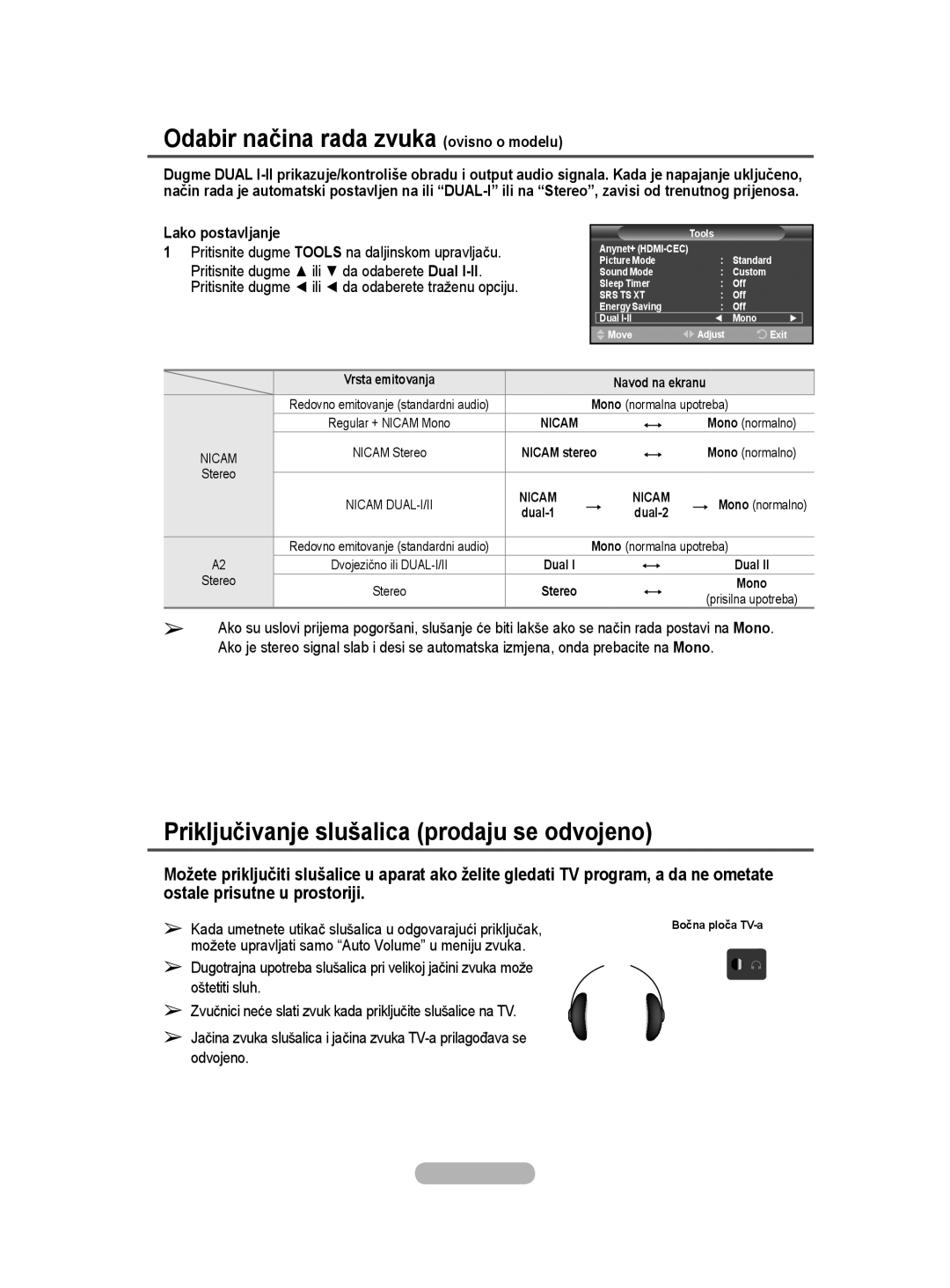 Samsung BN68-01528B-02 user manual Odabir načina rada zvuka ovisno o modelu, Priključivanje slušalica prodaju se odvojeno 