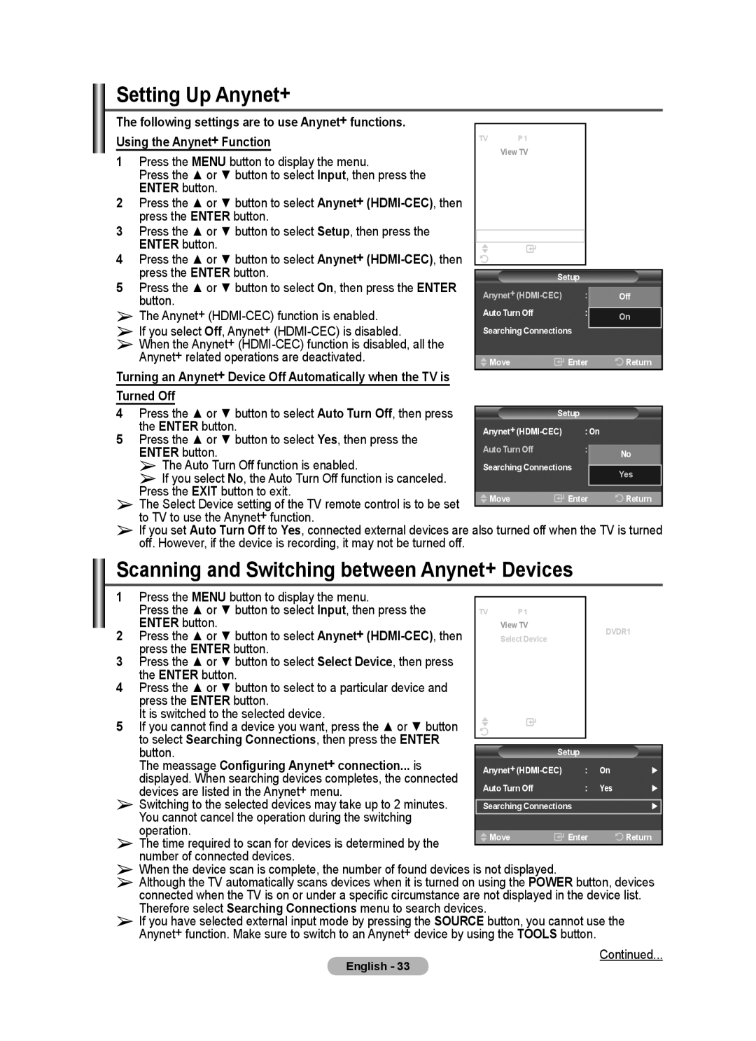 Samsung BN68-01528B-02 user manual Setting Up Anynet+, Scanning and Switching between Anynet+ Devices, Turned Off 