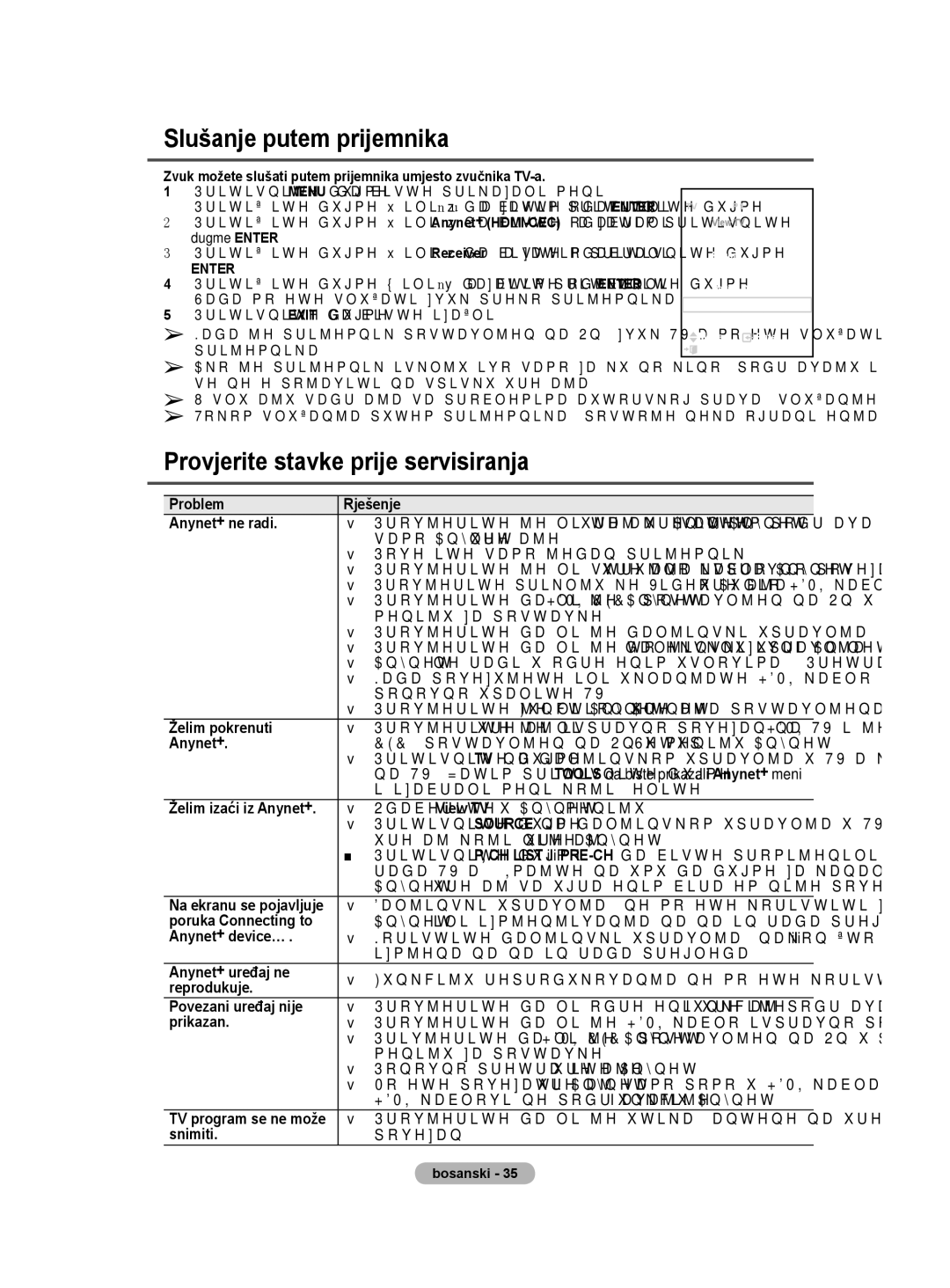 Samsung BN68-01528B-02 user manual Slušanje putem prijemnika, Provjerite stavke prije servisiranja 