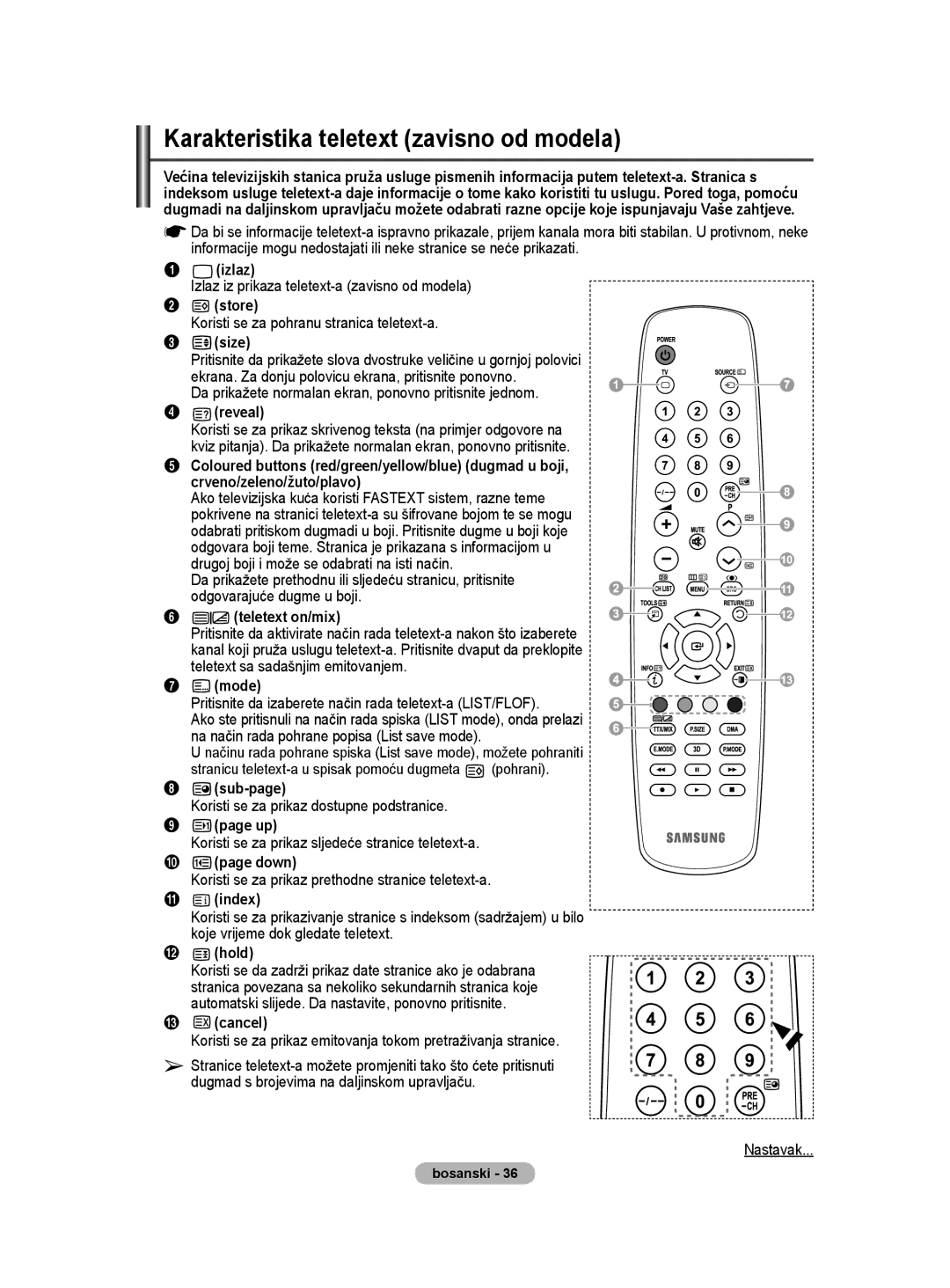 Samsung BN68-01528B-02 user manual Karakteristika teletext zavisno od modela, Izlaz iz prikaza teletext-a zavisno od modela 