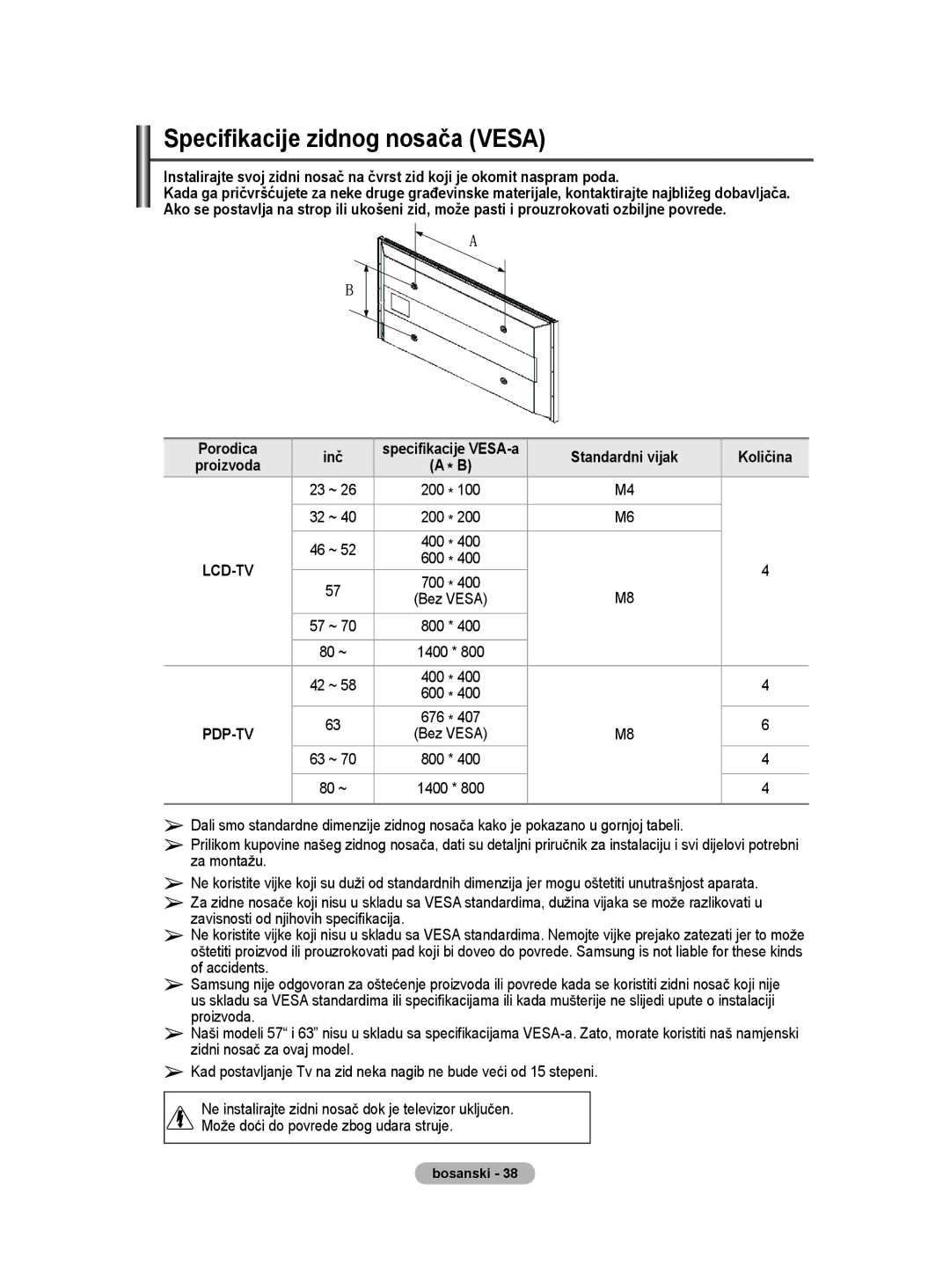 Samsung BN68-01528B-02 user manual Inč, 400 600, 676 407, Specifikacije VESA-a Standardni vijak 