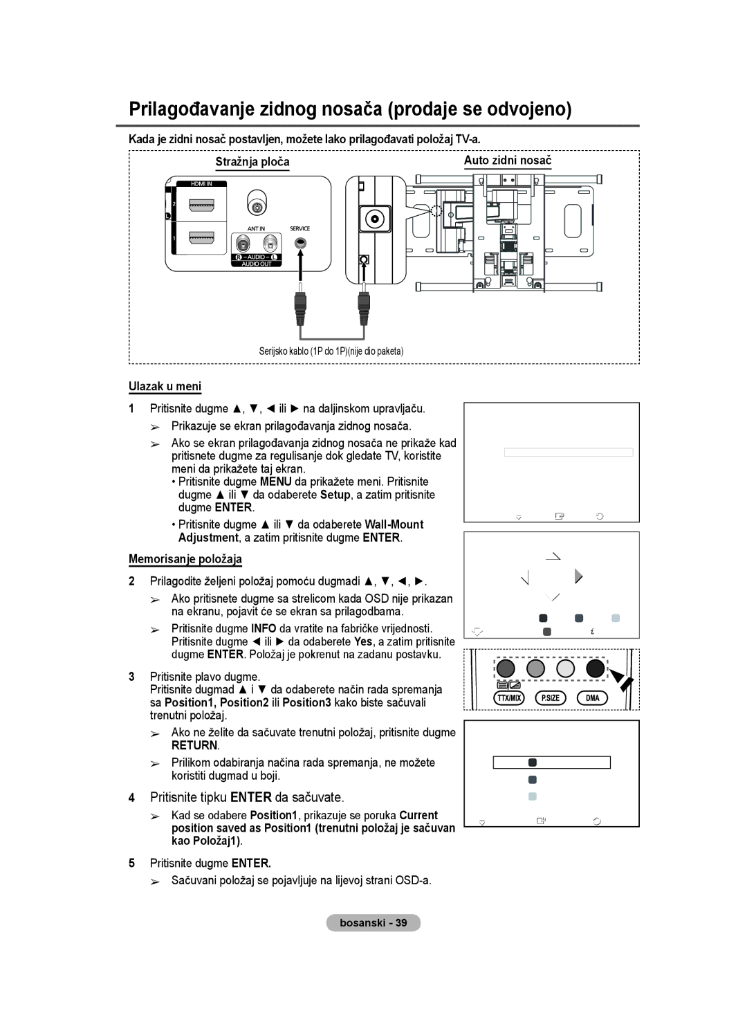 Samsung BN68-01528B-02 user manual Prilagođavanje zidnog nosača prodaje se odvojeno, Ulazak u meni, Auto zidni nosač 