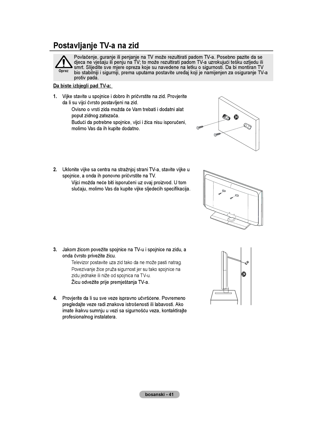 Samsung BN68-01528B-02 Postavljanje TV-a na zid, Da biste izbjegli pad TV-a, Žicu odvežite prije premještanja TV-a 