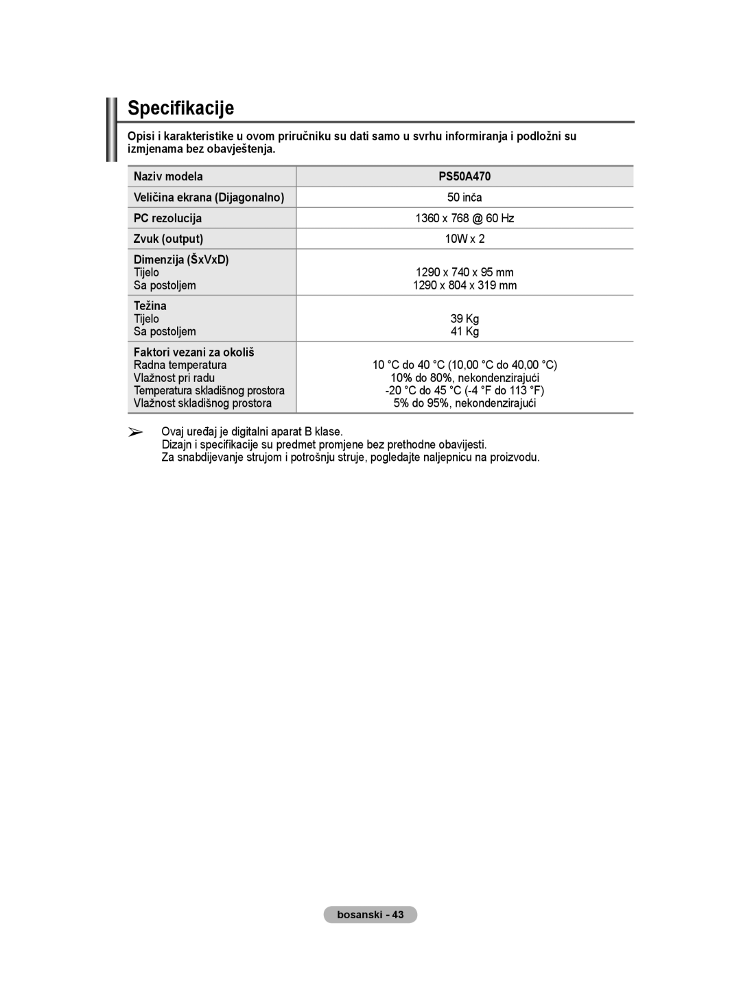 Samsung BN68-01528B-02 user manual PC rezolucija, Zvuk output, Dimenzija ŠxVxD, Faktori vezani za okoliš 