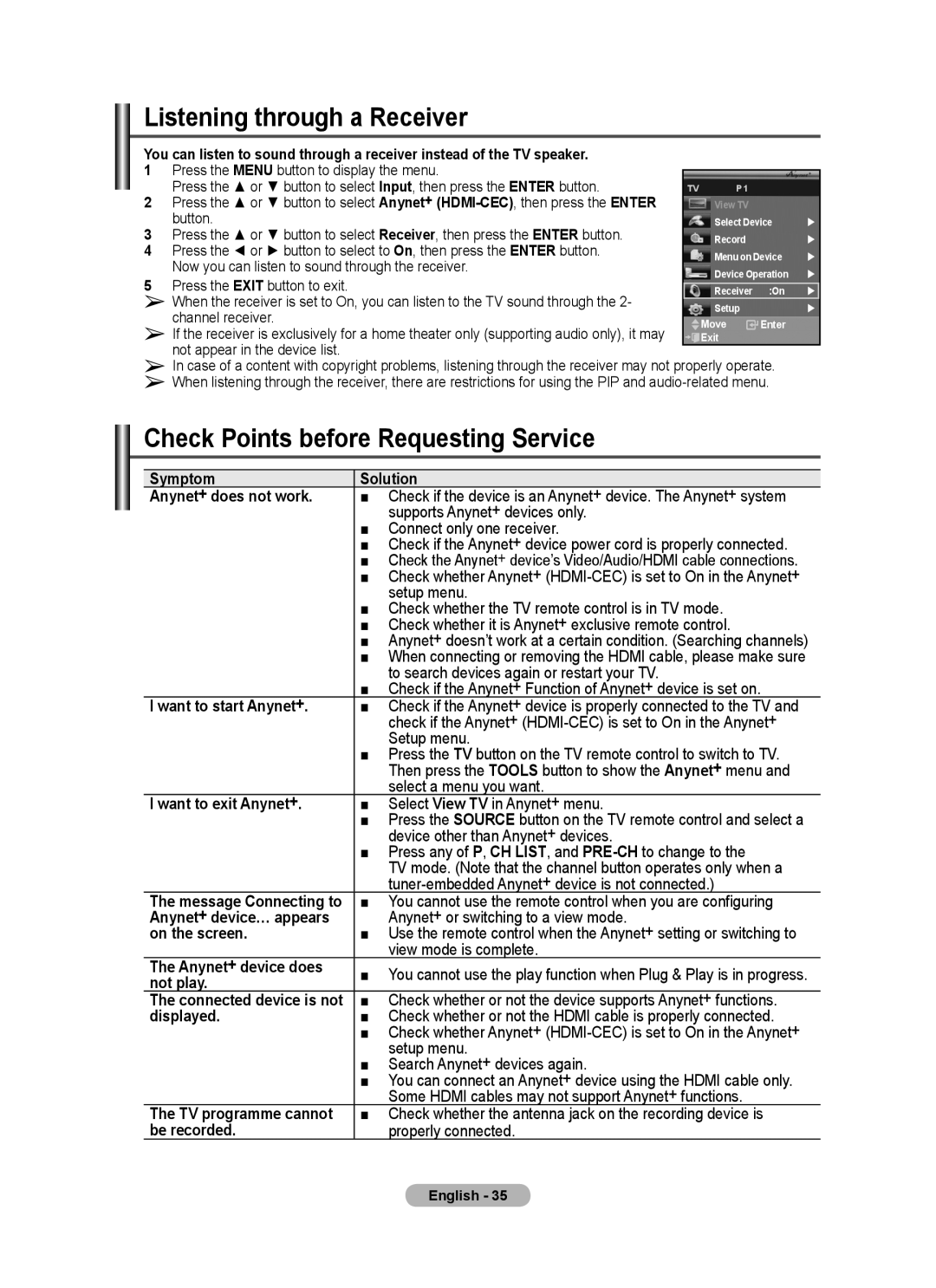 Samsung BN68-01528B-02 user manual Listening through a Receiver, Check Points before Requesting Service 