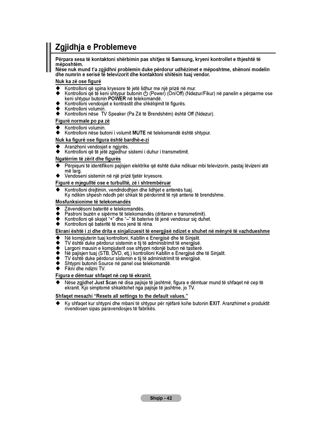 Samsung BN68-01528B-02 user manual Zgjidhja e Problemeve, Nuk ka zë ose figurë, Nuk ka figurë ose figura është bardhë-e-zi 