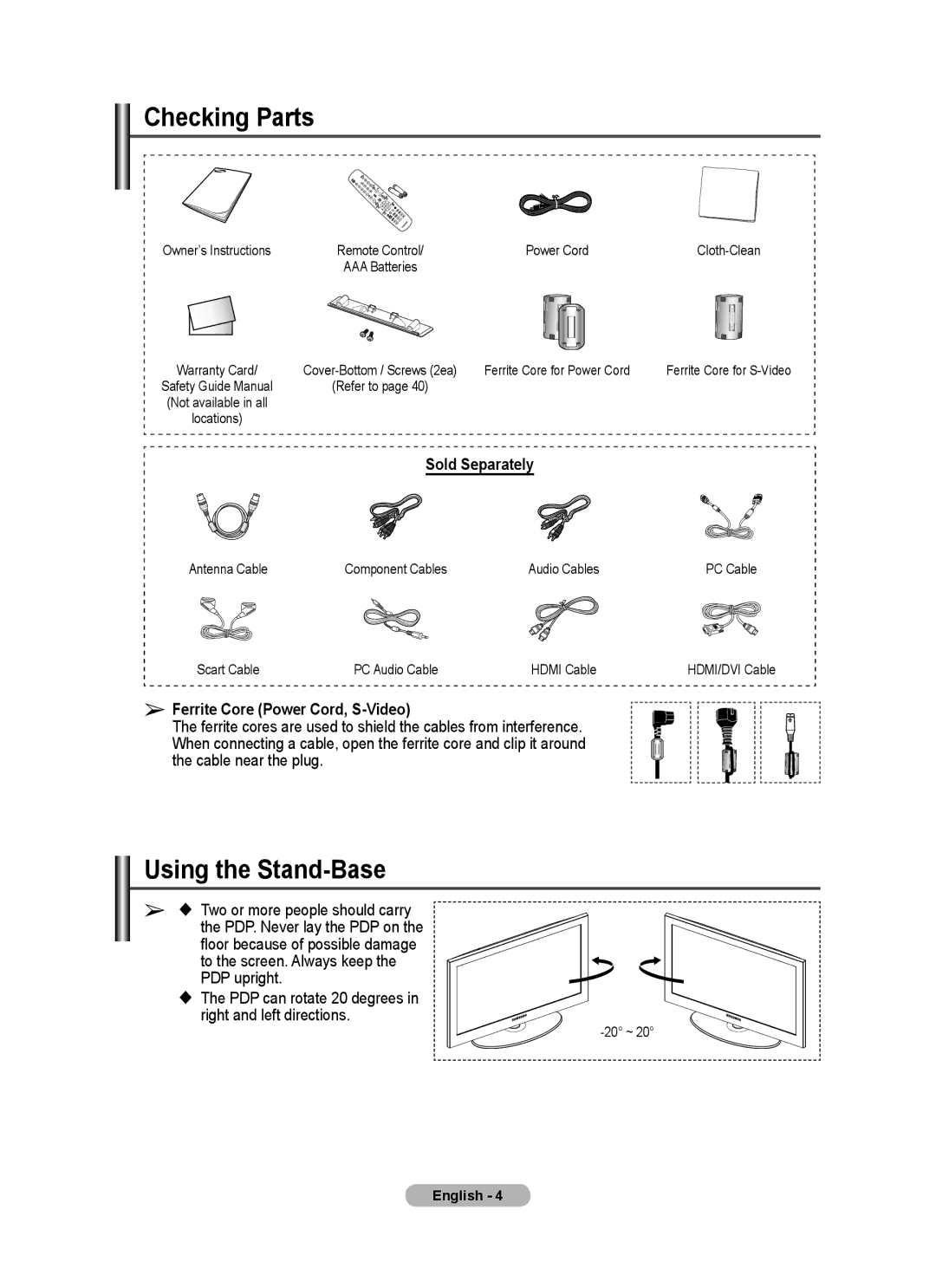 Samsung BN68-01528B-02 Checking Parts, Using the Stand-Base, Sold Separately, Ferrite Core Power Cord, S-Video, English 